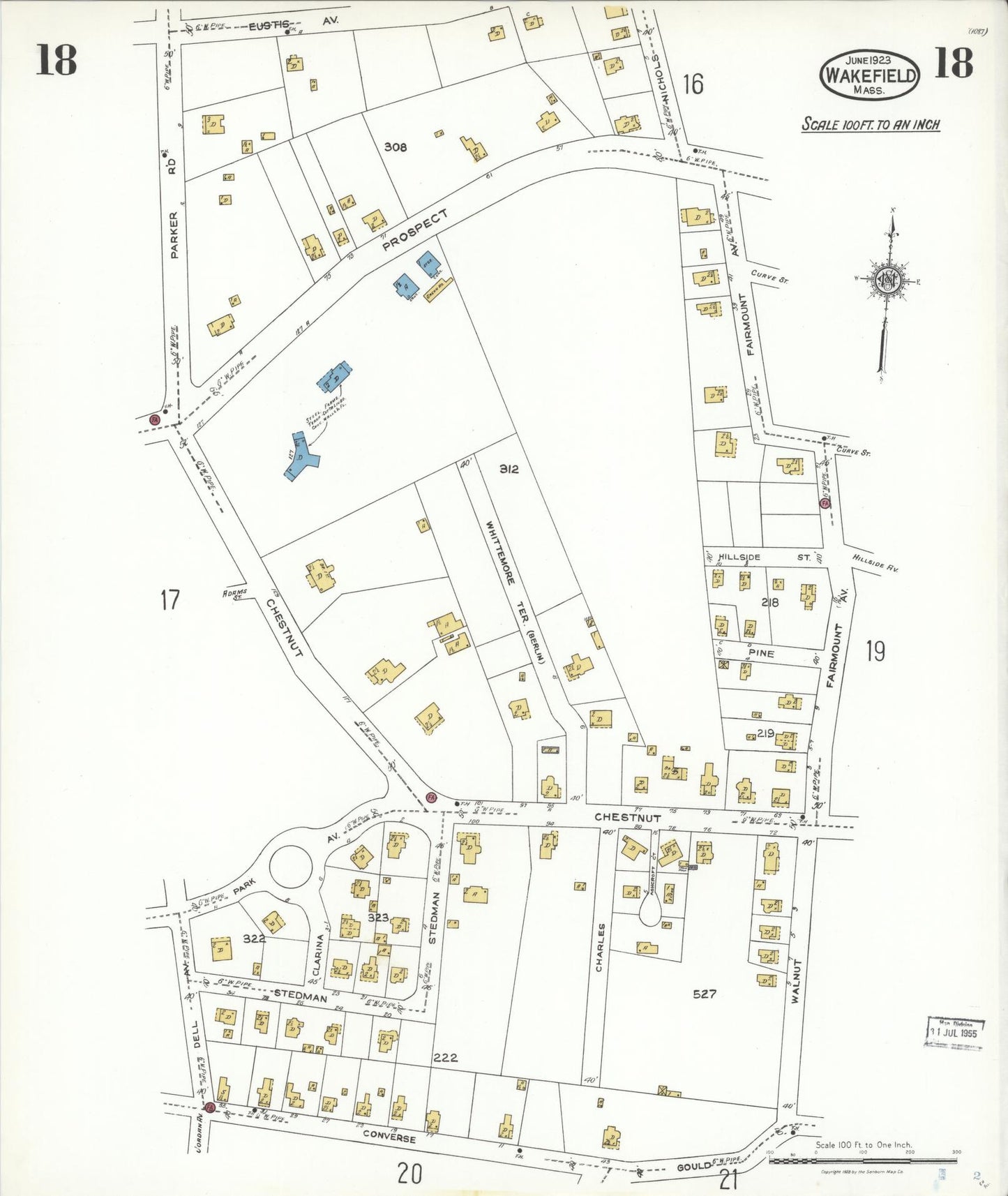 Sanborn Fire Insurance Map from Wakefield, Middlesex County, Massachusetts (1923), Sheet #0018 - Complete Map Set gallery image, historic Sanborn map, vintage wall art, Massachusetts Massachusetts