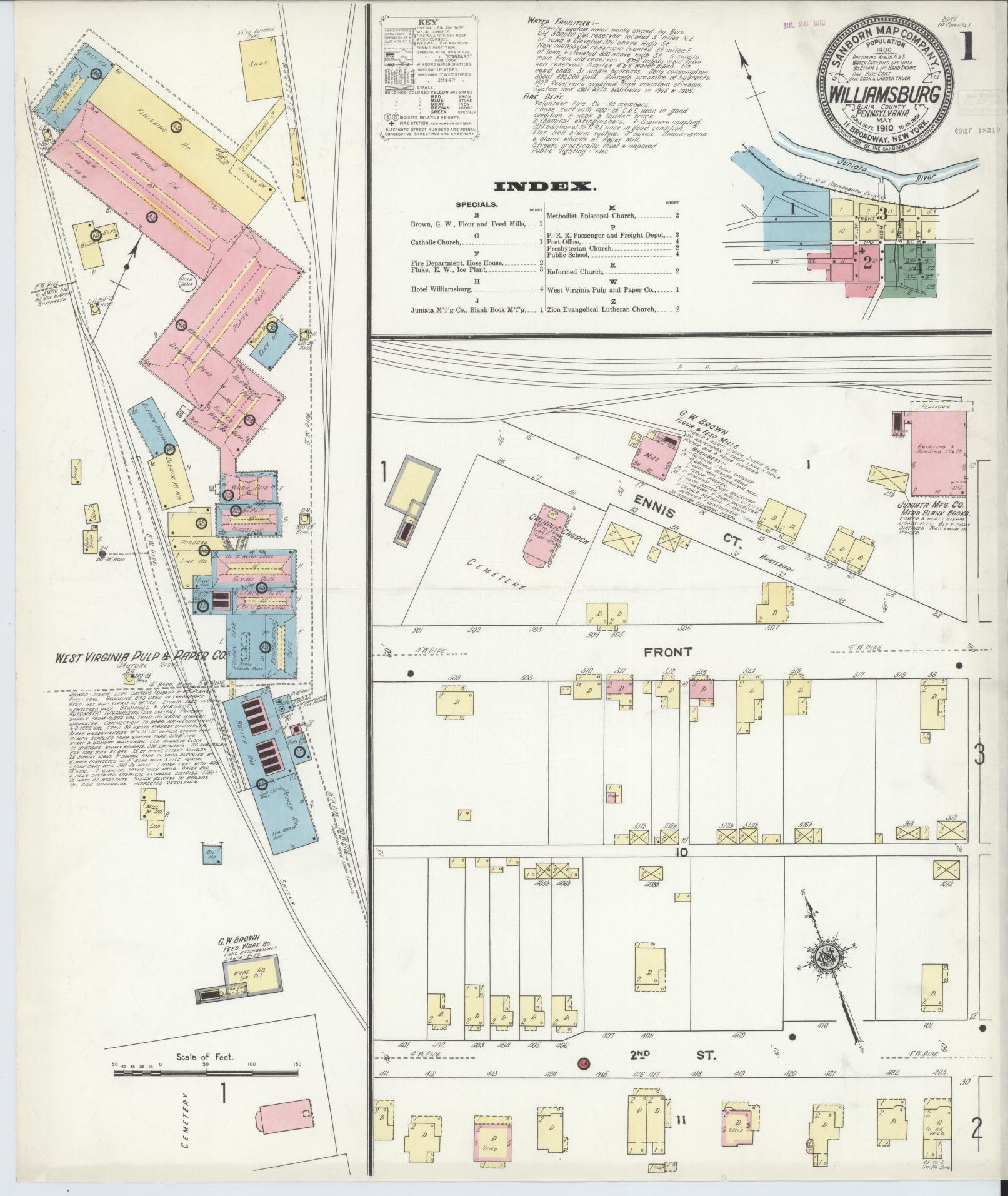 Sanborn Fire Insurance Map from Williamsburg, Blair County, Pennsylvania (1910), Sheet #0001 - Complete Map Set gallery image, historic Sanborn map, vintage wall art, Pennsylvania Pennsylvania
