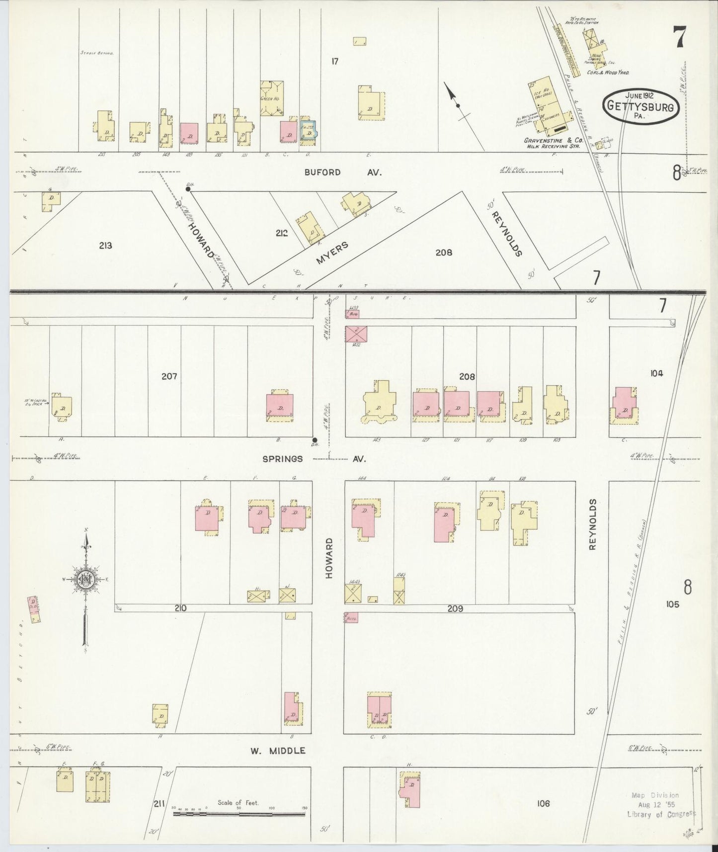 Sanborn Fire Insurance Map from Gettysburg, Adams County, Pennsylvania (1912), Sheet #0007 - Historic Sanborn Fire Insurance Map Print, vintage old map wall art, antique decor, genealogy gift, Pennsylvania Pennsylvania map