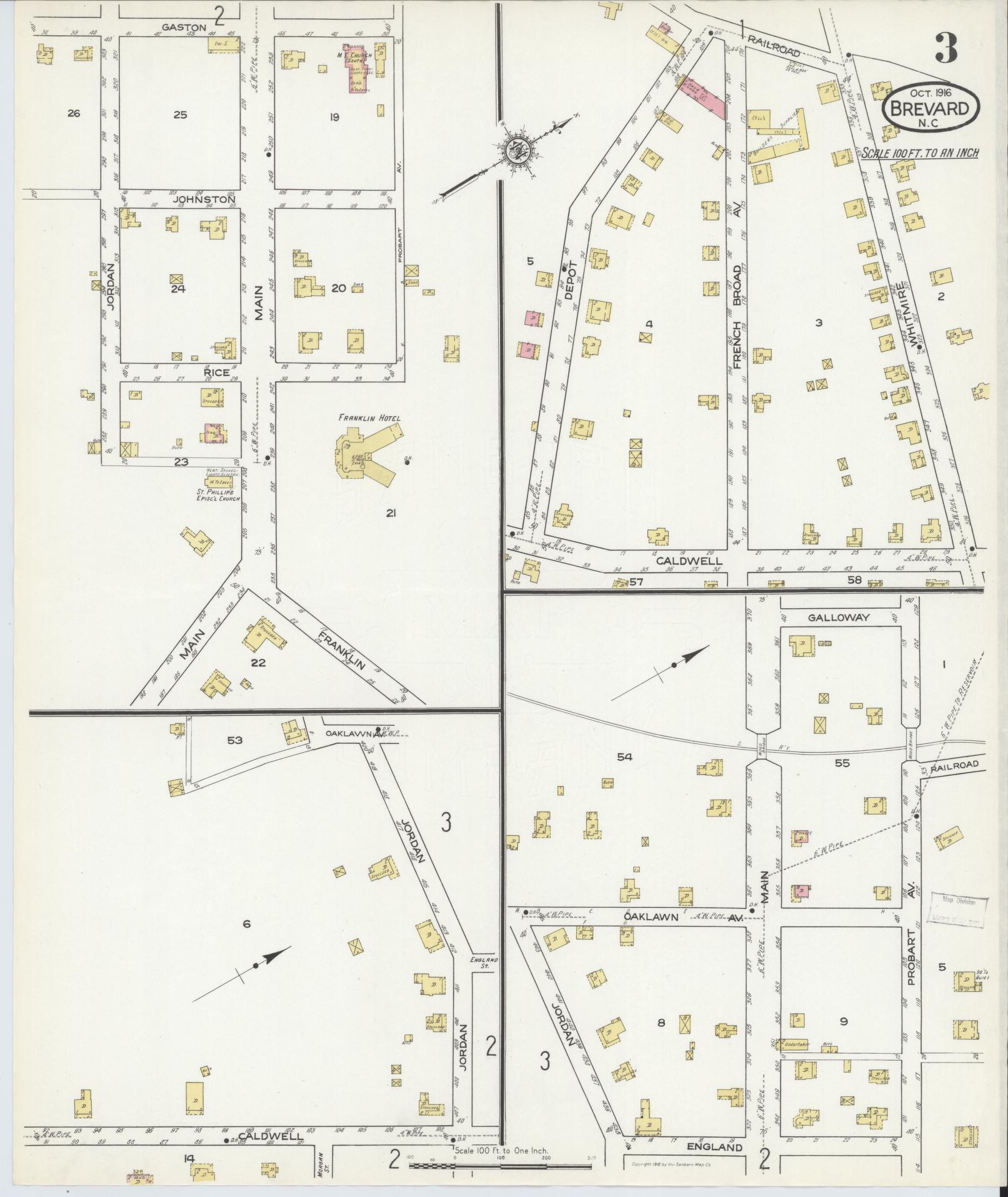 Sanborn Fire Insurance Map from Brevard, Transylvania County, North Carolina (1916), Sheet #0003 - Historic Sanborn Fire Insurance Map Print, vintage old map wall art, antique decor, genealogy gift, North Carolina North Carolina map