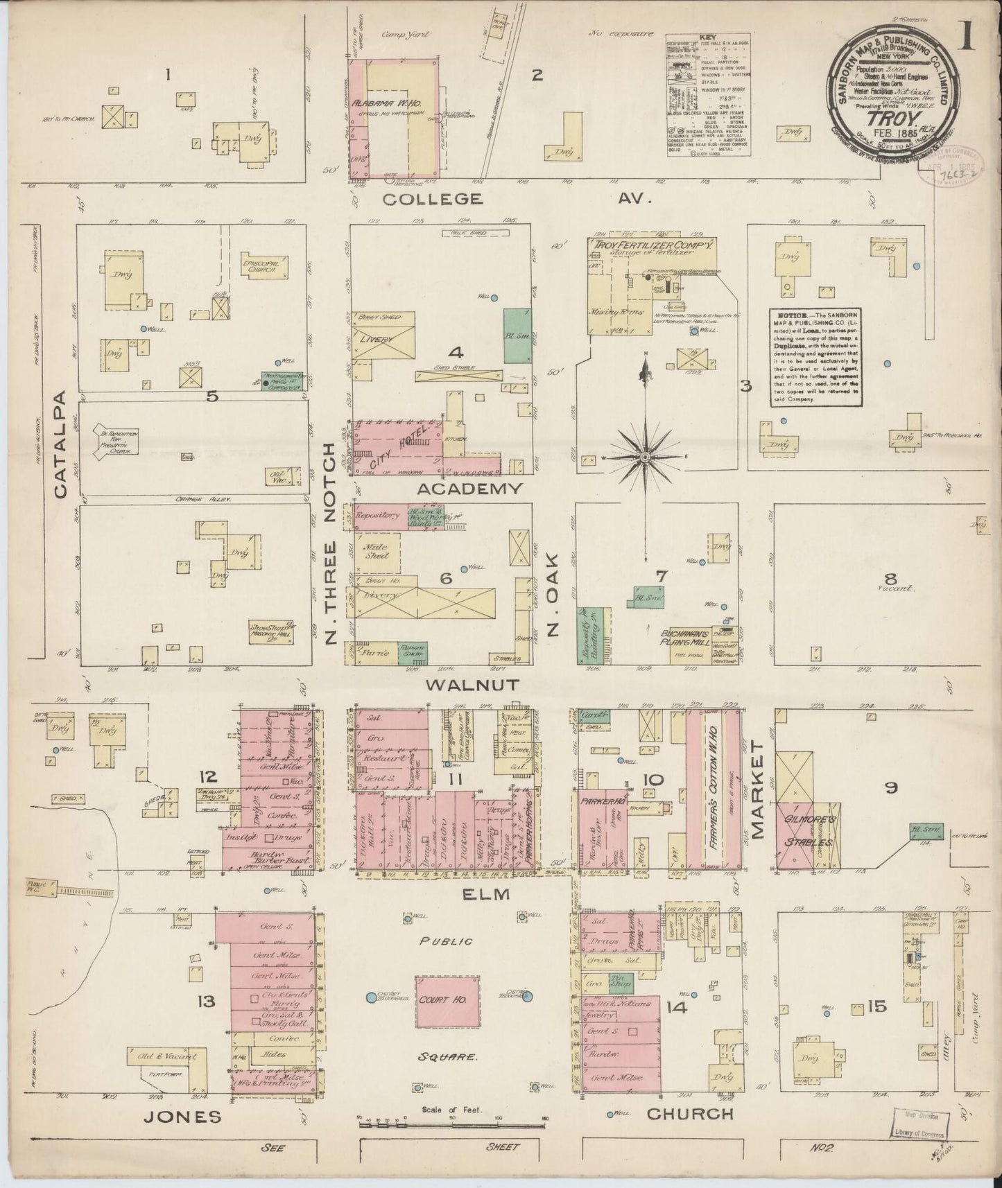 Sanborn Fire Insurance Map from Troy, Pike County, Alabama (1885), Sheet #0001 - Complete Map Set gallery image, historic Sanborn map, vintage wall art, Alabama Alabama