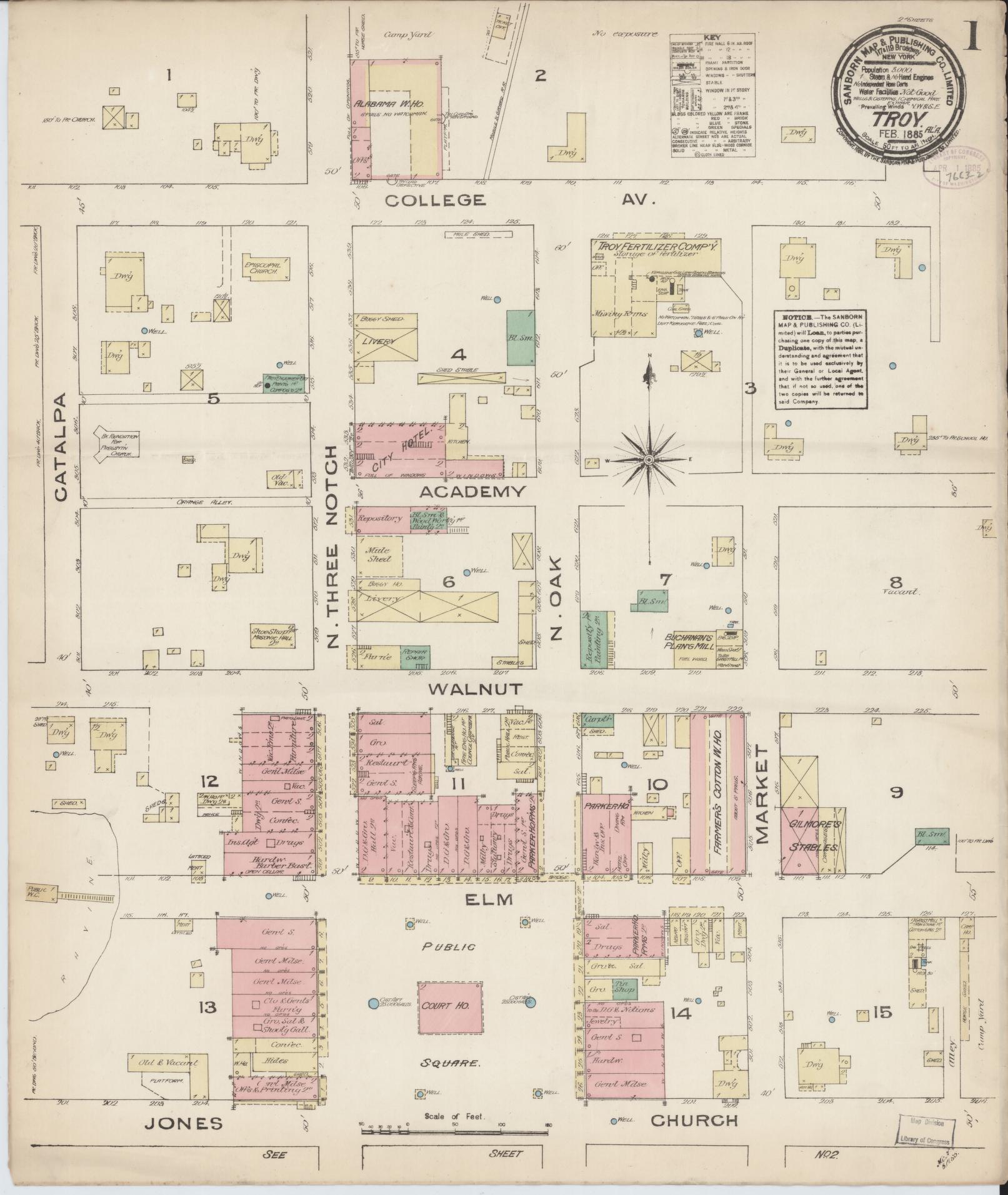 Sanborn Fire Insurance Map from Troy, Pike County, Alabama (1885), Sheet #0001 - Complete Map Set gallery image, historic Sanborn map, vintage wall art, Alabama Alabama