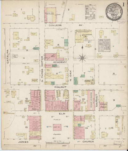 Sanborn Fire Insurance Map from Troy, Pike County, Alabama (1885), Sheet #0001 - Complete Map Set gallery image, historic Sanborn map, vintage wall art, Alabama Alabama
