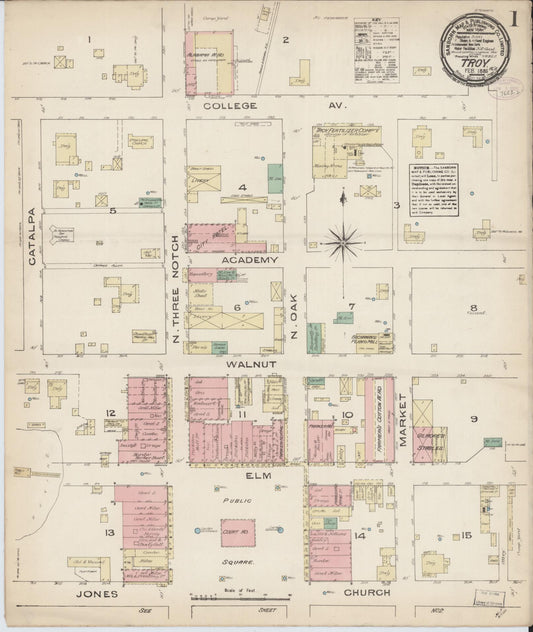 Sanborn Fire Insurance Map from Troy, Pike County, Alabama (1885), Sheet #0001 - Complete Map Set gallery image, historic Sanborn map, vintage wall art, Alabama Alabama