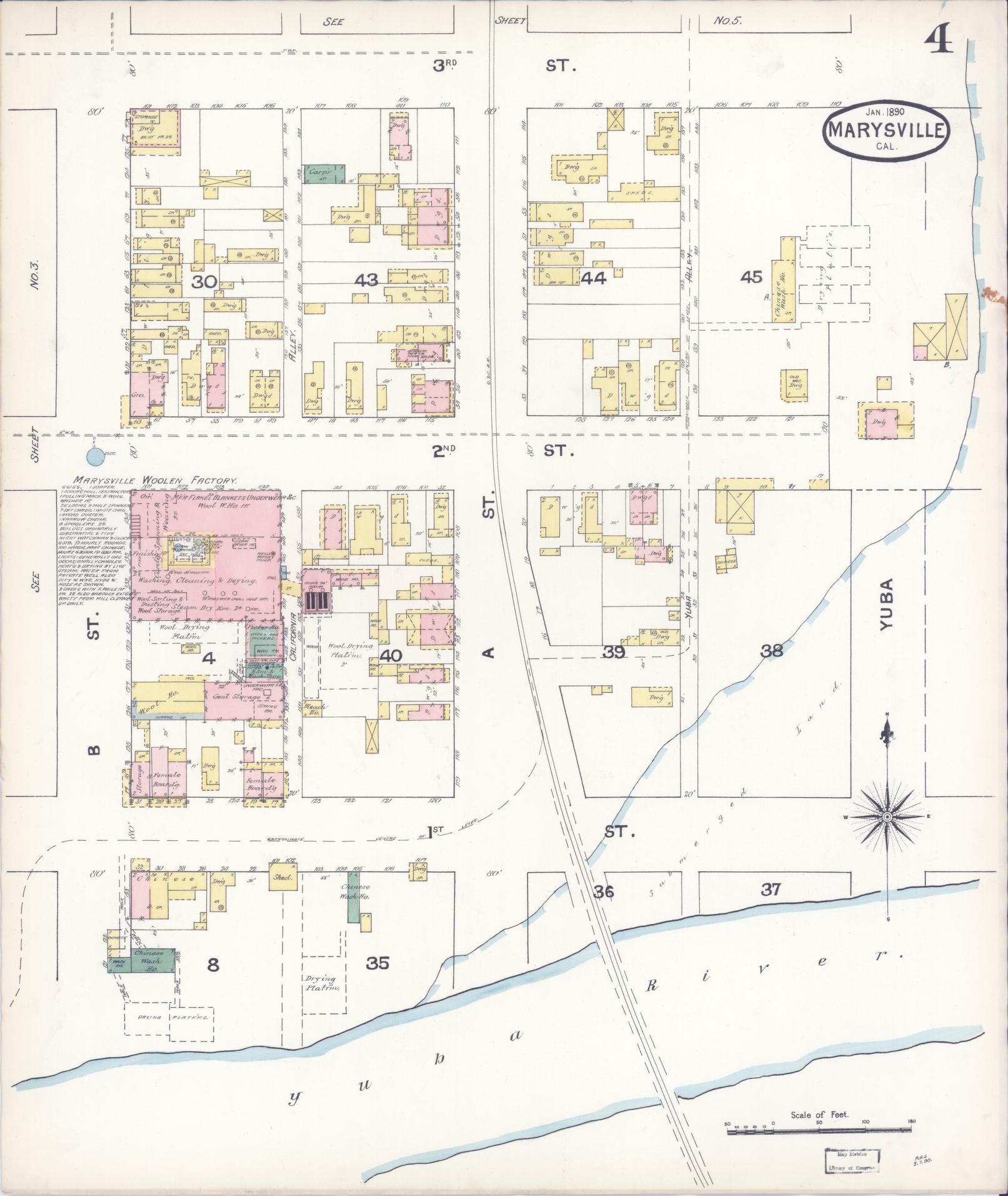 Sanborn Fire Insurance Map from Marysville, Yuba County, California (1890), Sheet #0004 - Historic Sanborn Fire Insurance Map Print, vintage old map wall art, antique decor, genealogy gift, California California map