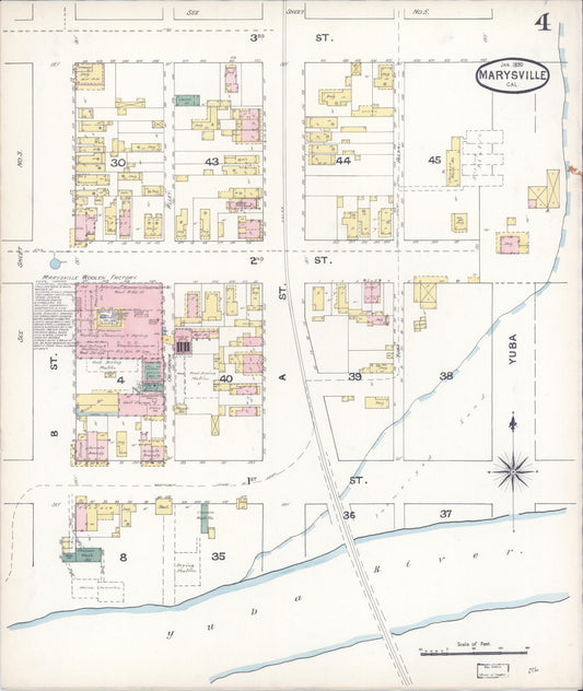 Sanborn Fire Insurance Map from Marysville, Yuba County, California (1890), Sheet #0004 - Historic Sanborn Fire Insurance Map Print, vintage old map wall art, antique decor, genealogy gift, California California map