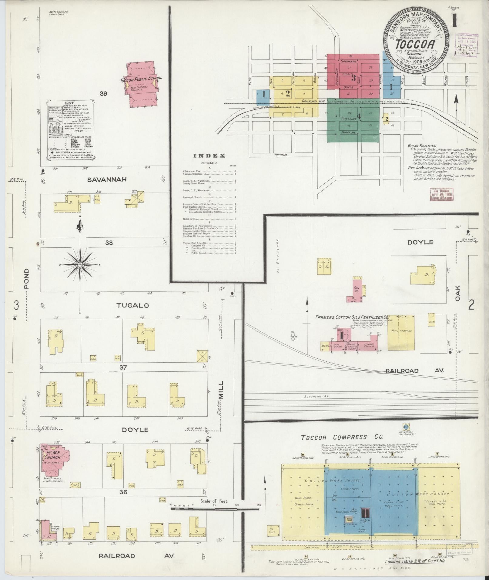 Sanborn Fire Insurance Map from Toccoa, Stephens County, Georgia (1908), Sheet #0001 - Historic Sanborn Fire Insurance Map Print, vintage old map wall art, antique decor, genealogy gift, Georgia Georgia map