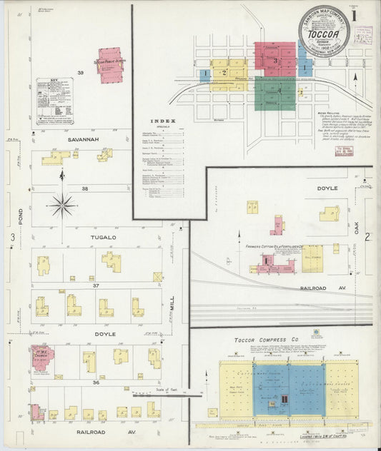 Sanborn Fire Insurance Map from Toccoa, Stephens County, Georgia (1908), Sheet #0001 - Historic Sanborn Fire Insurance Map Print, vintage old map wall art, antique decor, genealogy gift, Georgia Georgia map