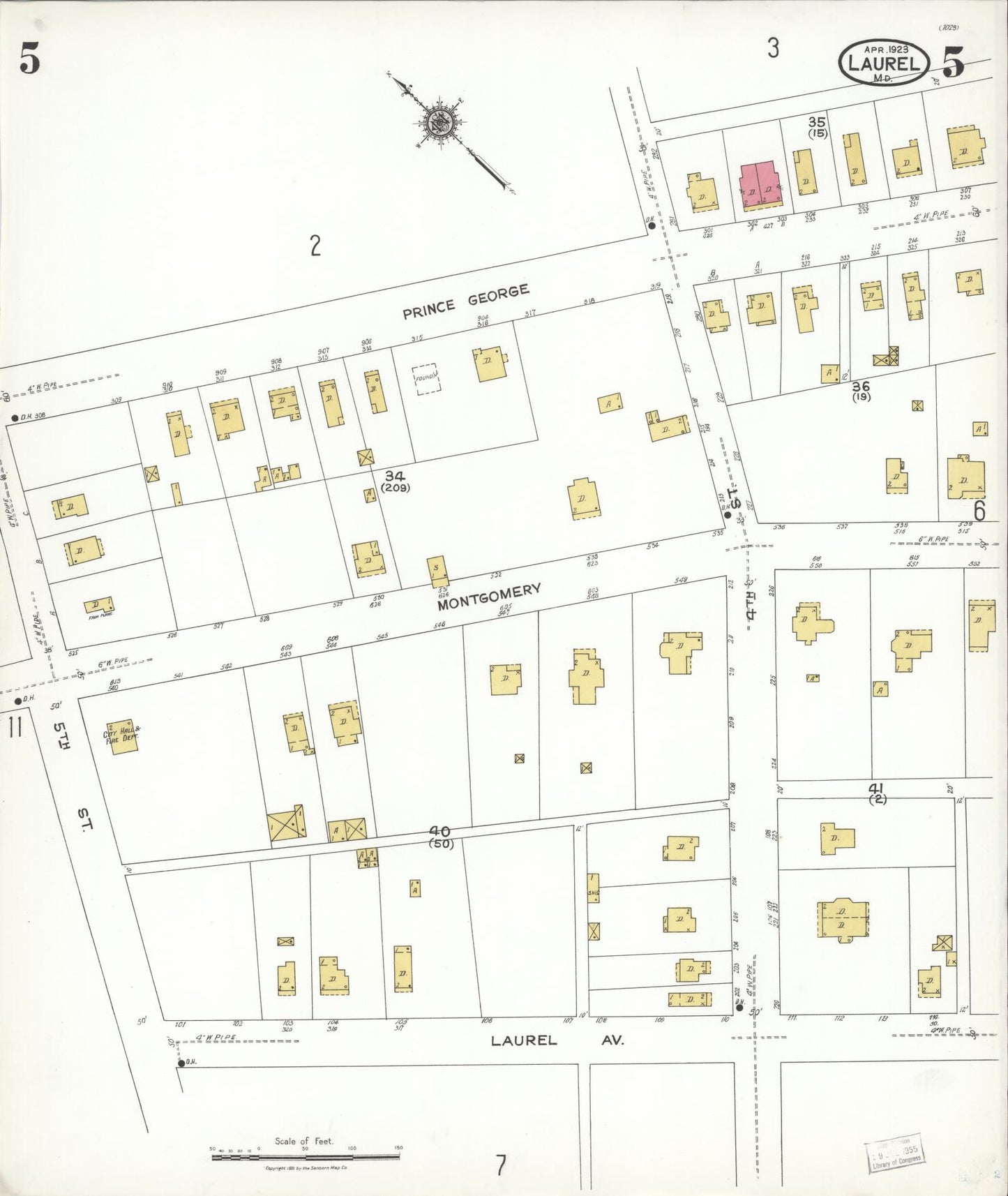 Sanborn Fire Insurance Map from Laurel, Prince Georges County, Maryland (1923), Sheet #0005 - Historic Sanborn Fire Insurance Map Print, vintage old map wall art