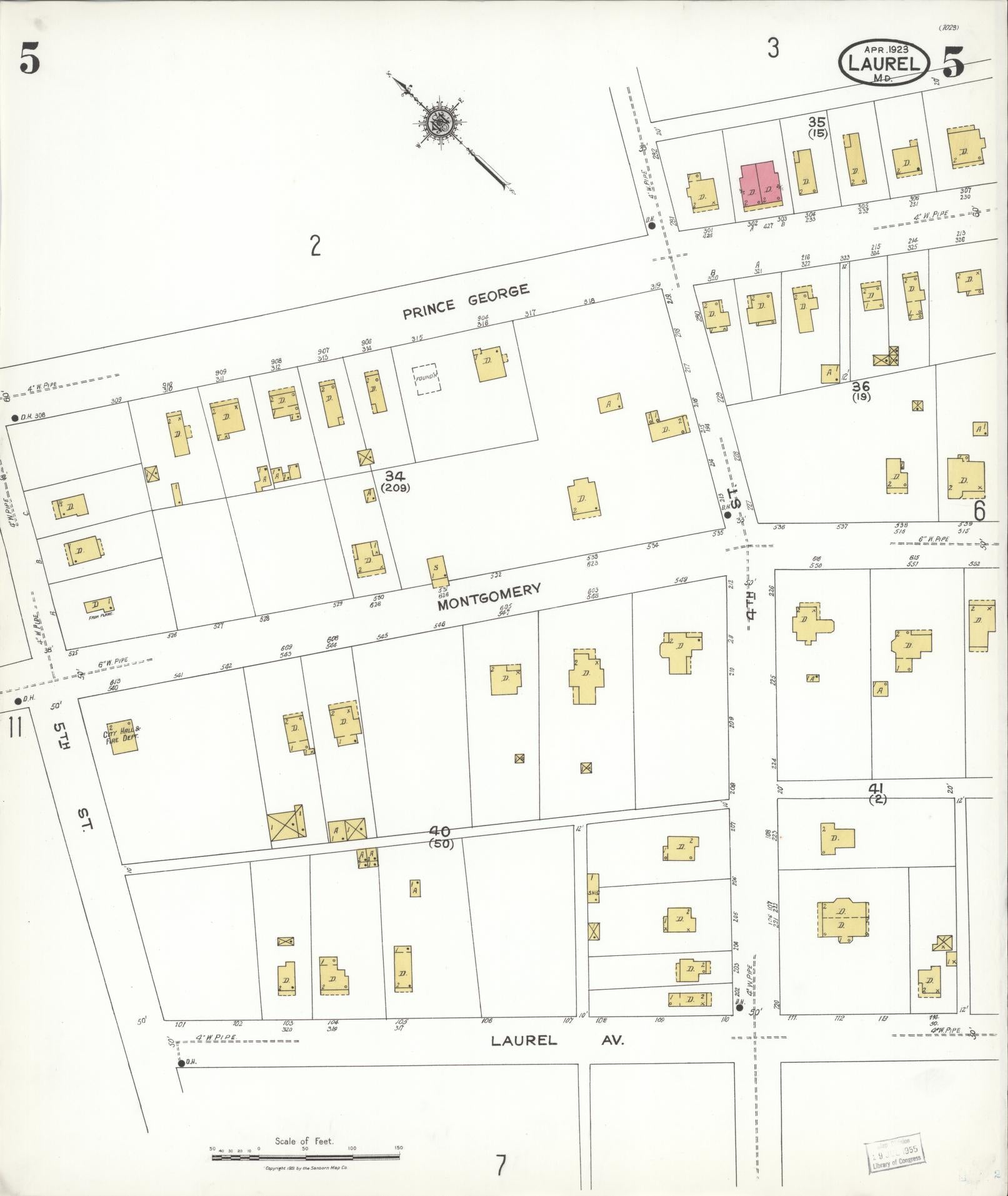 Sanborn Fire Insurance Map from Laurel, Prince Georges County, Maryland (1923), Sheet #0005 - Historic Sanborn Fire Insurance Map Print, vintage old map wall art