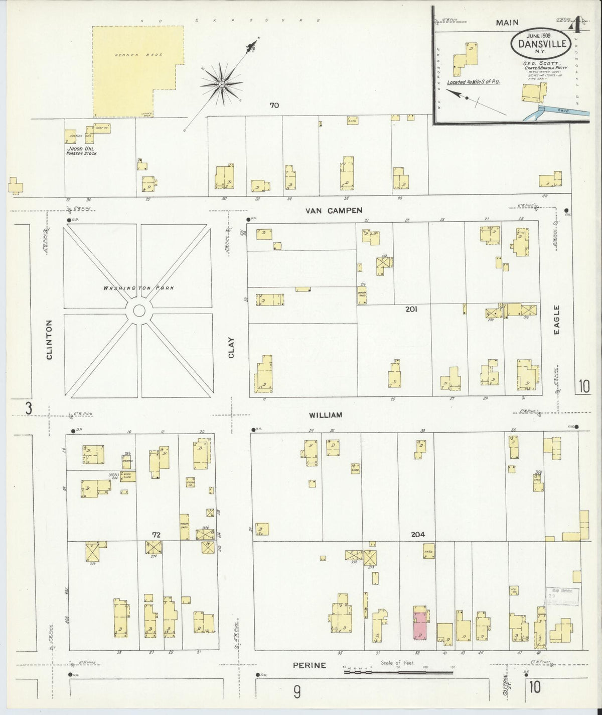 Sanborn Fire Insurance Map from Dansville, Livingston County, New York (1909), Sheet #0004 - Historic Sanborn Fire Insurance Map Print, vintage old map wall art, antique decor, genealogy gift, New York New York map