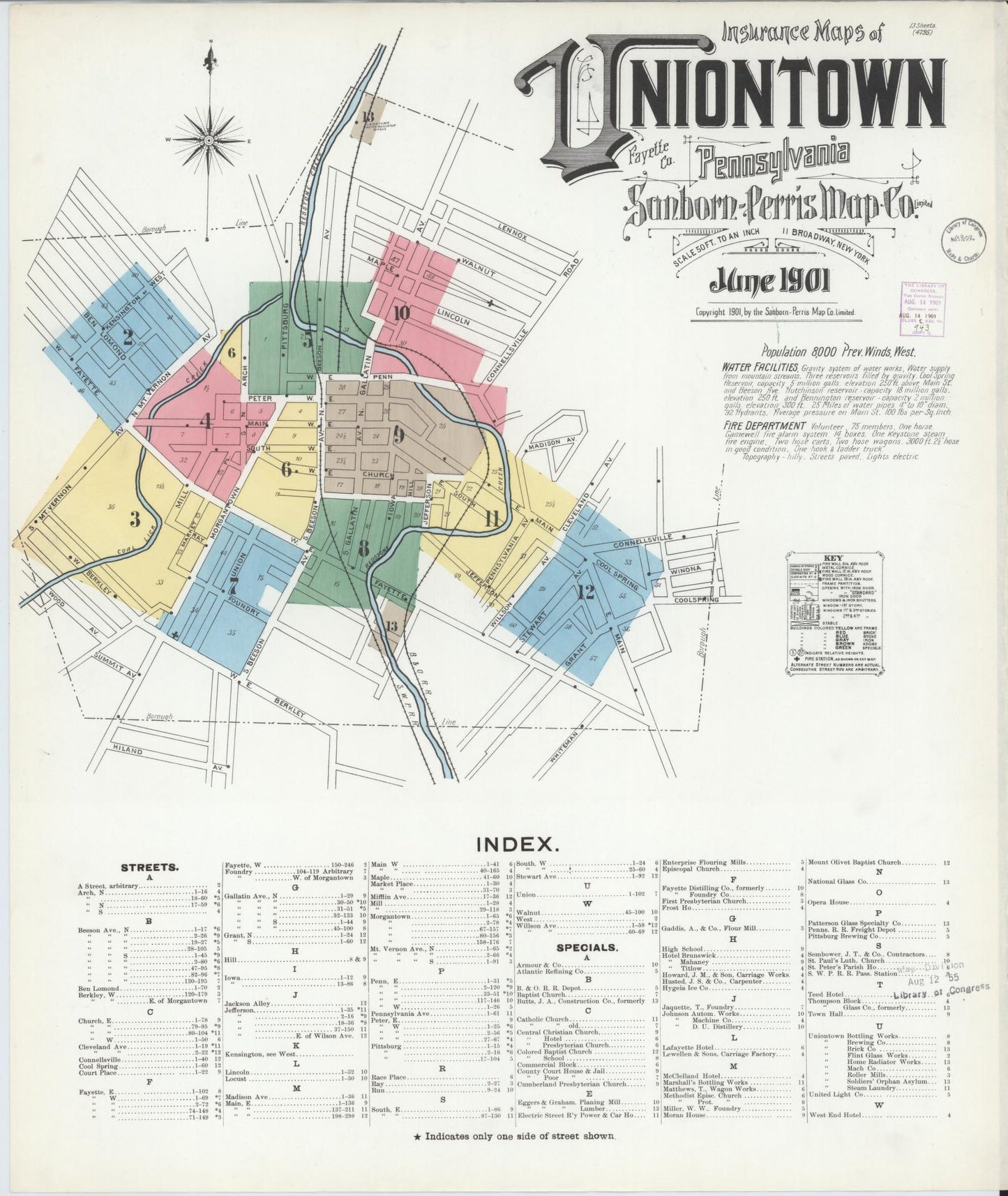 Sanborn Fire Insurance Map from Uniontown, Fayette County, Pennsylvania (1901), Sheet #0001 - Historic Sanborn Fire Insurance Map Print, vintage old map wall art, antique decor, genealogy gift, Pennsylvania Pennsylvania map