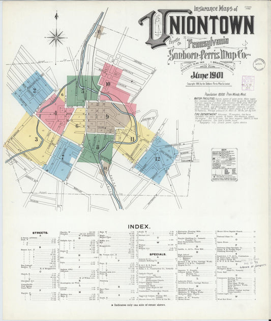 Sanborn Fire Insurance Map from Uniontown, Fayette County, Pennsylvania (1901), Sheet #0001 - Historic Sanborn Fire Insurance Map Print, vintage old map wall art, antique decor, genealogy gift, Pennsylvania Pennsylvania map