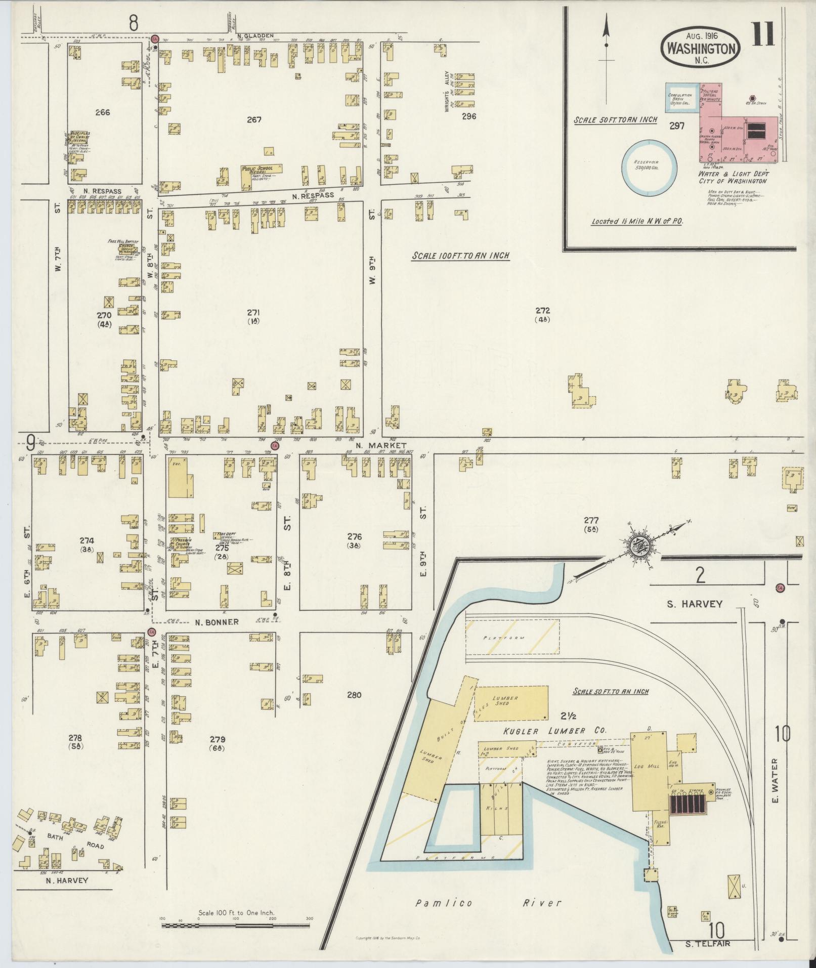 Sanborn Fire Insurance Map from Washington, Beaufort County, North Carolina (1916), Sheet #0011 - Historic Sanborn Fire Insurance Map Print, vintage old map wall art, antique decor, genealogy gift, North Carolina North Carolina map