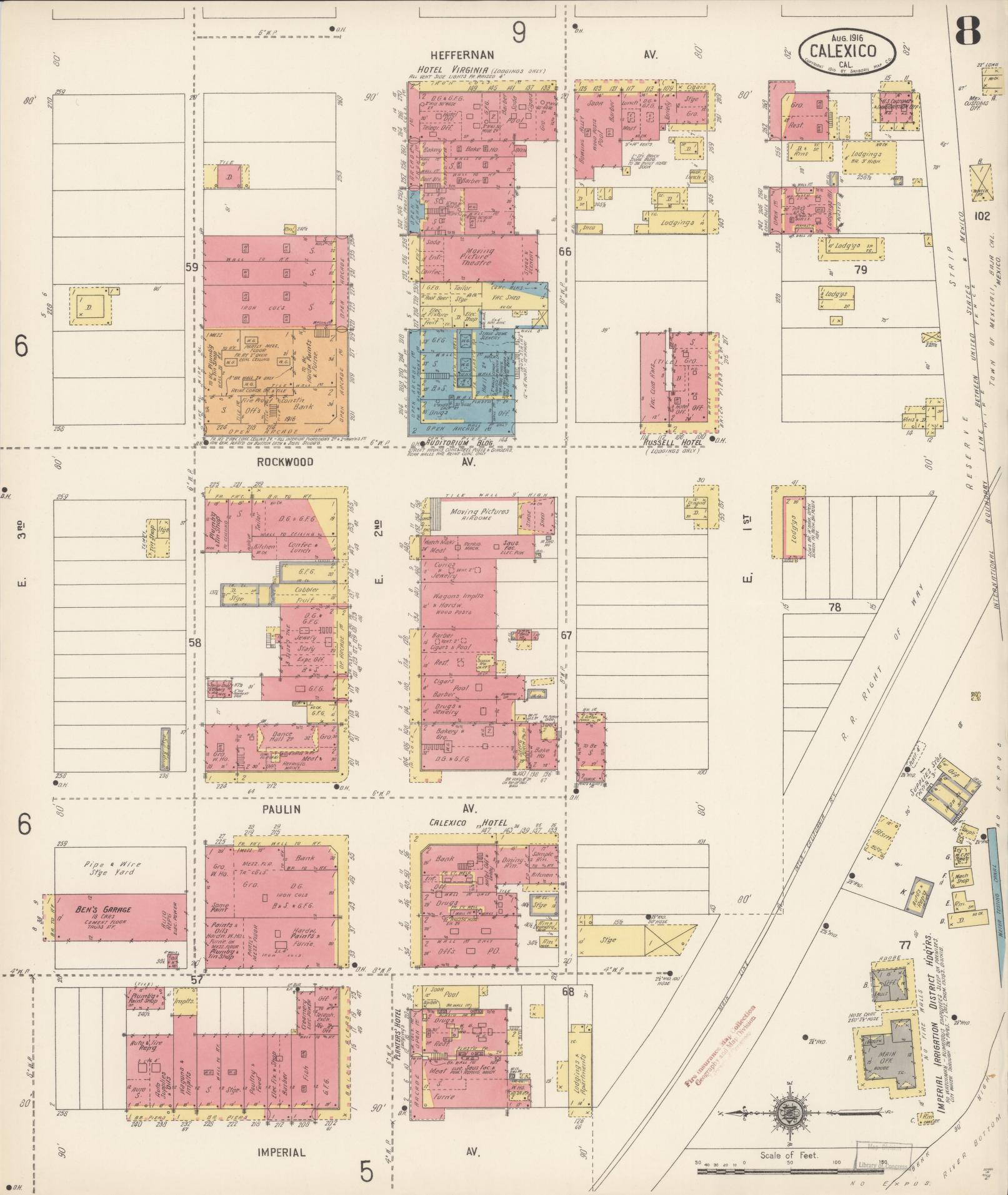Sanborn Fire Insurance Map from Calexico, Imperial County, California (1916), Sheet #0008 - Historic Sanborn Fire Insurance Map Print, vintage old map wall art, antique decor, genealogy gift, California California map
