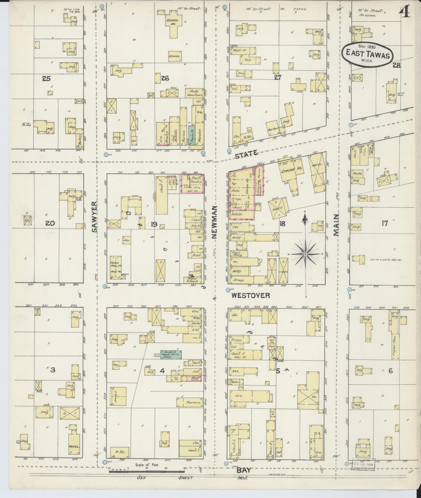 Sanborn Fire Insurance Map from East Tawas, Iosco County, Michigan (1890), Sheet #0004 - Complete Map Set gallery image, historic Sanborn map, vintage wall art, Michigan Michigan