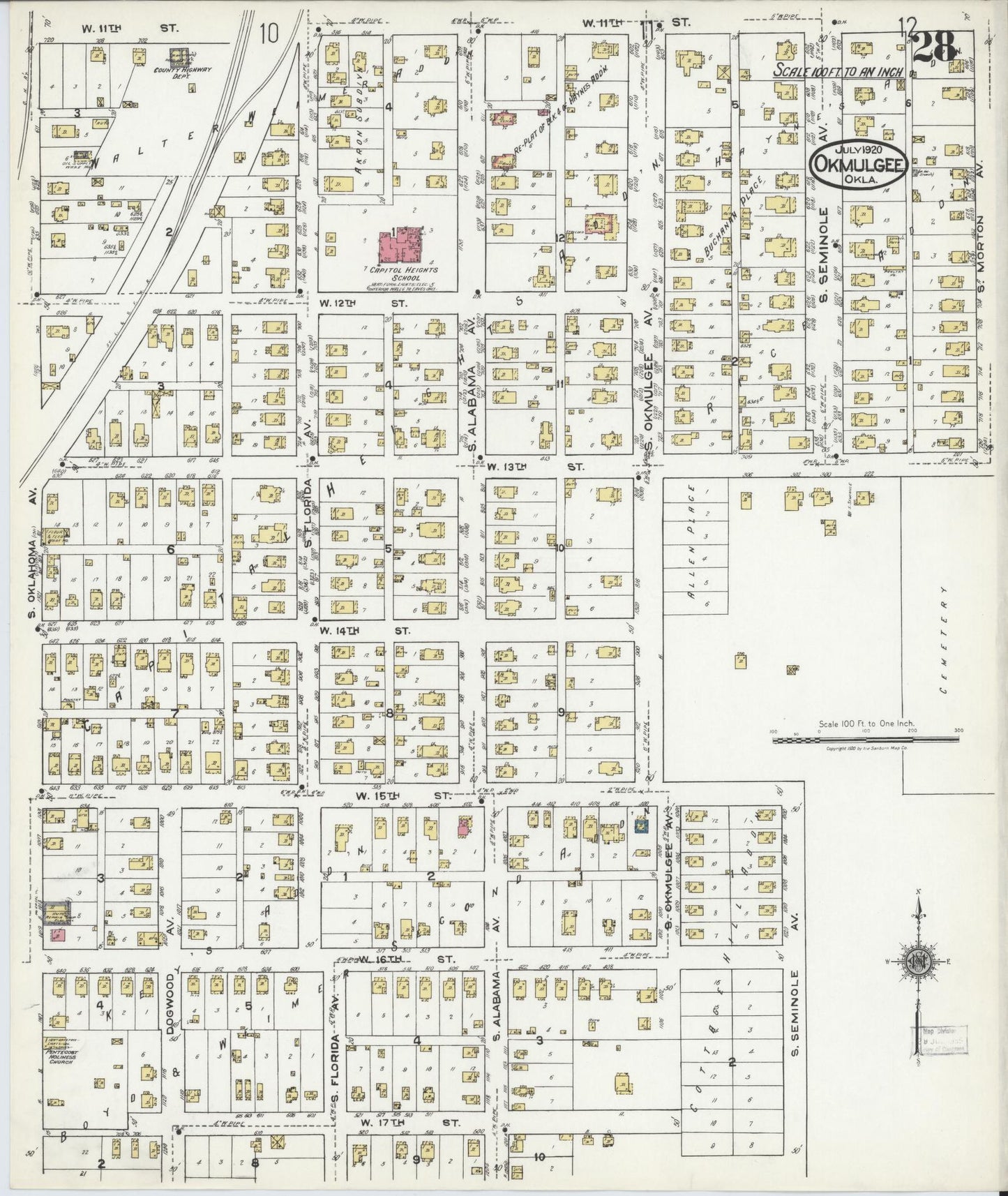 Sanborn Fire Insurance Map from Okmulgee, Okmulgee County, Oklahoma (1920), Sheet #0028 - Complete Map Set gallery image, historic Sanborn map, vintage wall art, Oklahoma Oklahoma