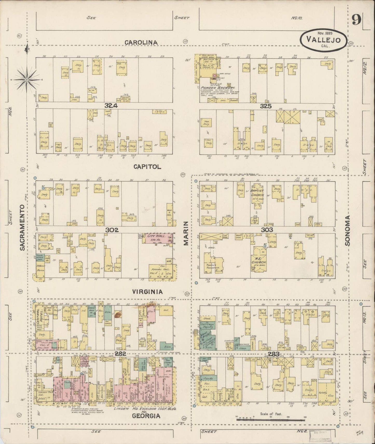 Sanborn Fire Insurance Map from Vallejo, Solano County, California (1889), Sheet #0009 - Complete Map Set gallery image, historic Sanborn map, vintage wall art, California California