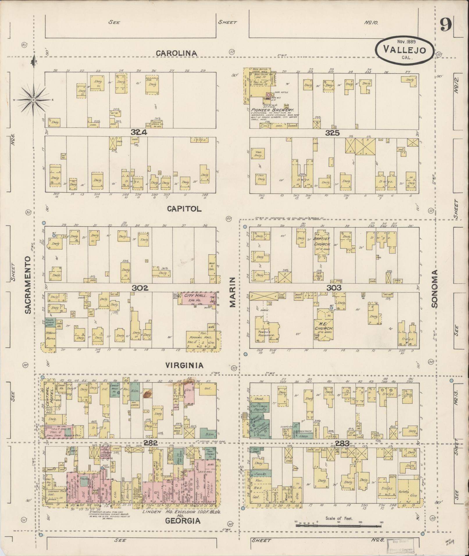 Sanborn Fire Insurance Map from Vallejo, Solano County, California (1889), Sheet #0009 - Complete Map Set gallery image, historic Sanborn map, vintage wall art, California California