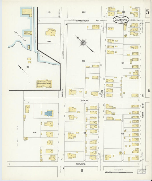 Sanborn Fire Insurance Map from Cambridge, Dorchester County, Maryland (1911), Sheet #0005 - Historic Sanborn Fire Insurance Map Print, vintage old map wall art, antique decor, genealogy gift, Maryland Maryland map