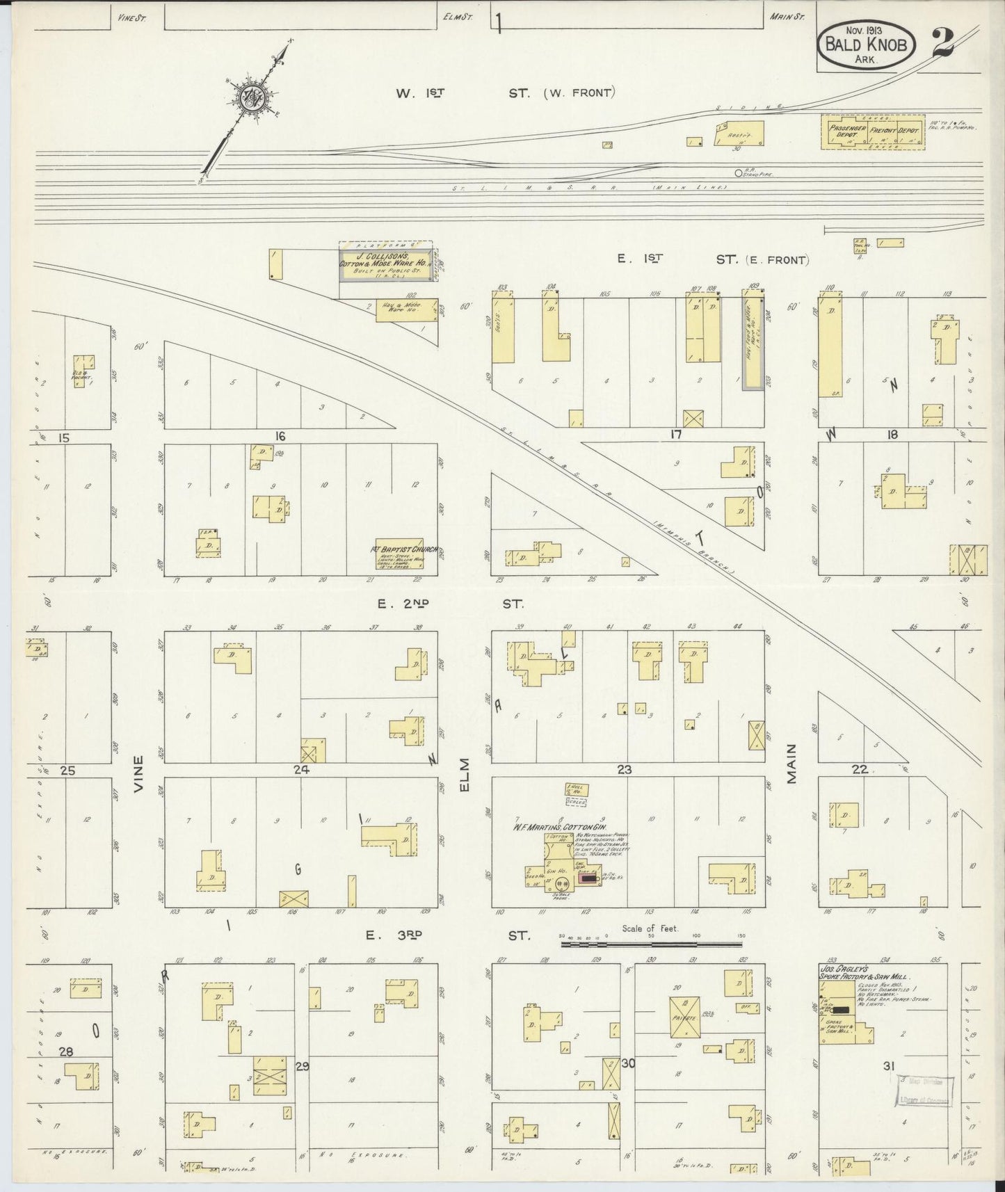 Sanborn Fire Insurance Map from Bald Knob, White County, Arkansas (1913), Sheet #0002 - Historic Sanborn Fire Insurance Map Print, vintage old map wall art, antique decor, genealogy gift, Arkansas Arkansas map