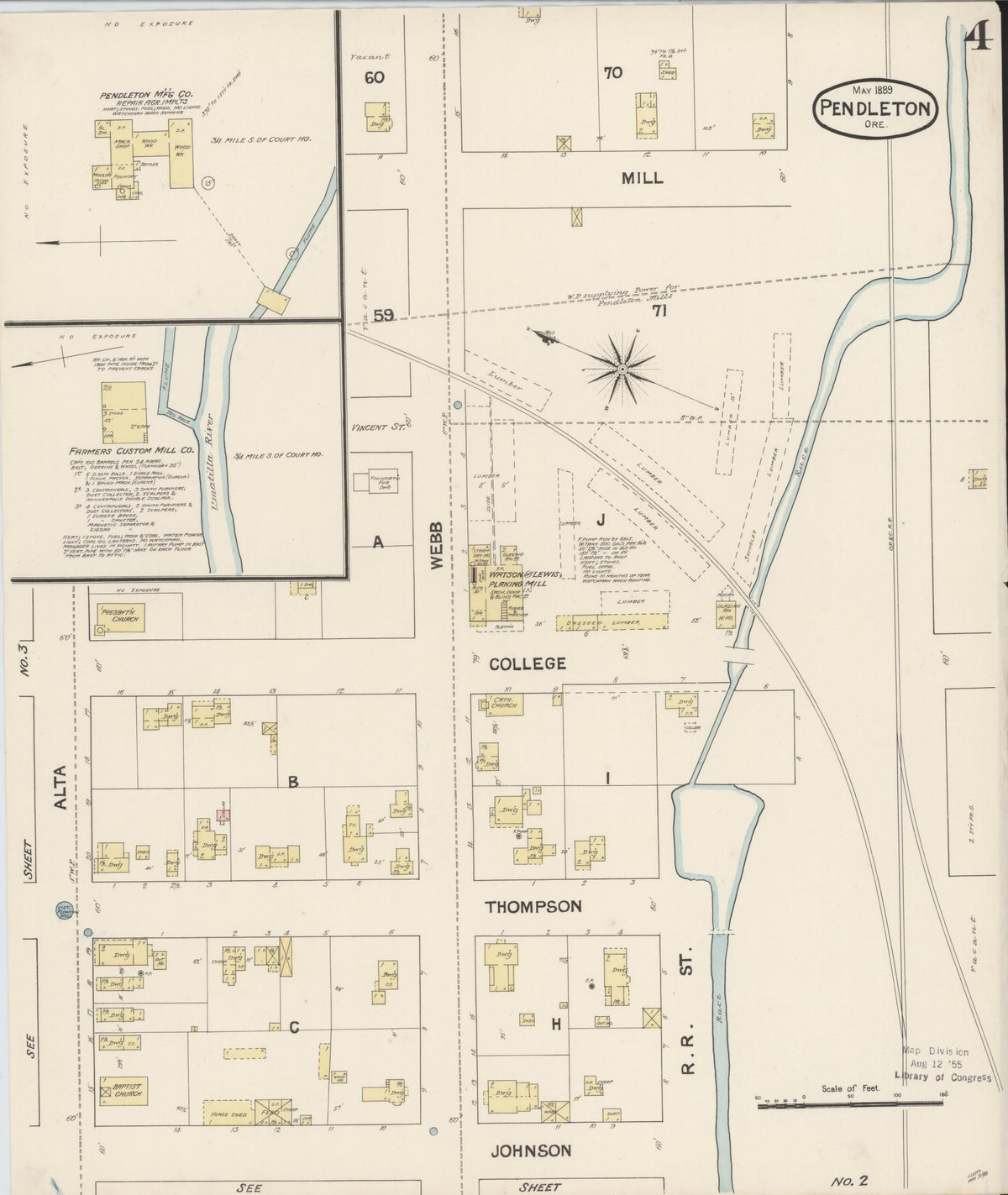 Sanborn Fire Insurance Map from Pendleton, Umatilla County, Oregon (1889), Sheet #0004 - Historic Sanborn Fire Insurance Map Print, vintage old map wall art, antique decor, genealogy gift, Oregon Oregon map