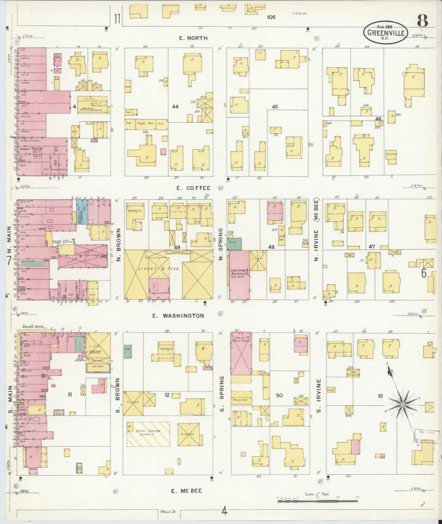 Sanborn Fire Insurance Map from Greenville, Greenville County, South Carolina (1908), Sheet #0008 - Complete Map Set gallery image, historic Sanborn map, vintage wall art, South Carolina South Carolina