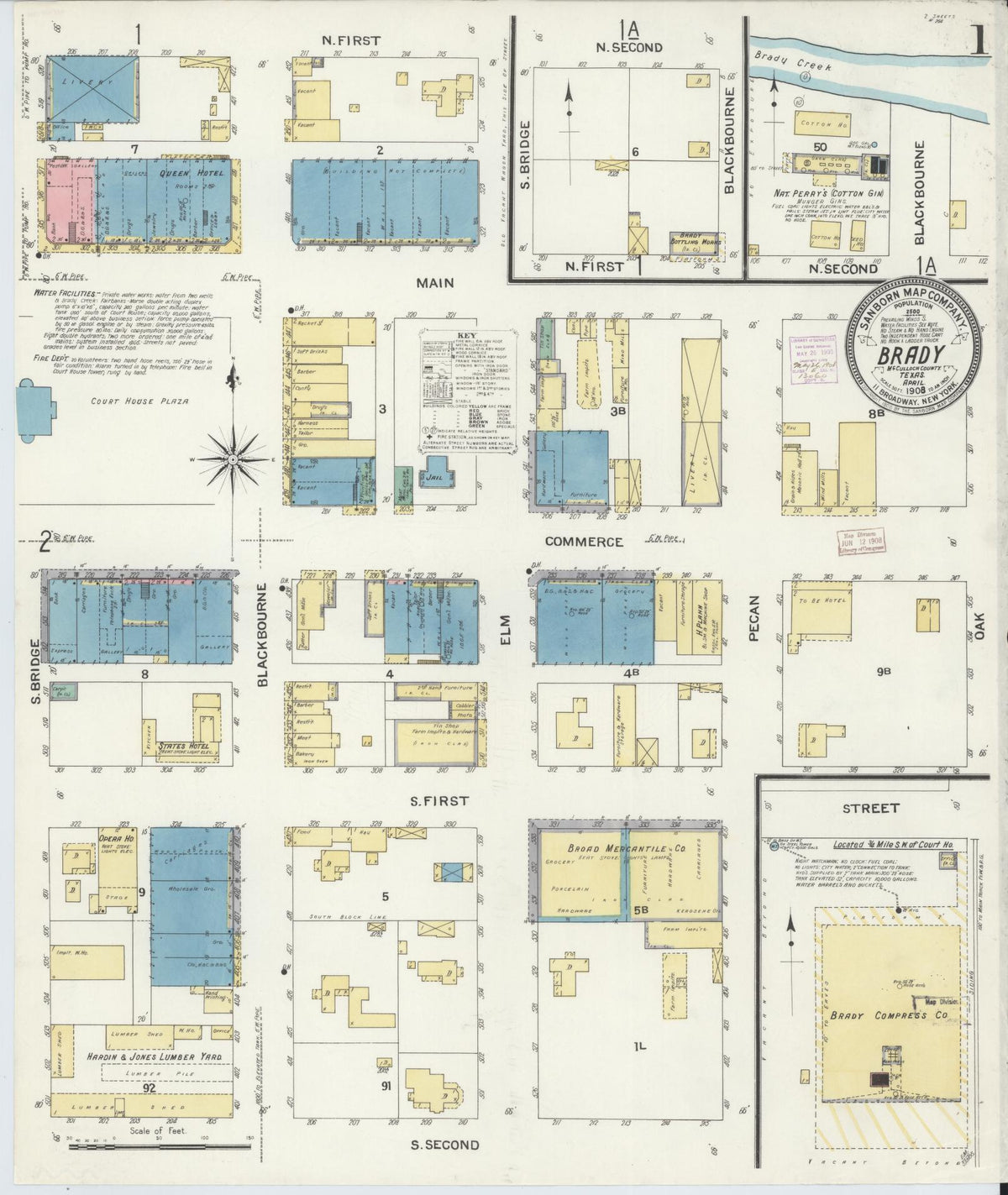 Sanborn Fire Insurance Map from Brady, McCulloch County, Texas (1908), Sheet #0001 - Historic Sanborn Fire Insurance Map Print, vintage old map wall art, antique decor, genealogy gift, Texas Texas map