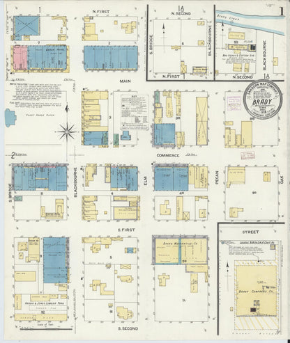 Sanborn Fire Insurance Map from Brady, McCulloch County, Texas (1908), Sheet #0001 - Historic Sanborn Fire Insurance Map Print, vintage old map wall art, antique decor, genealogy gift, Texas Texas map