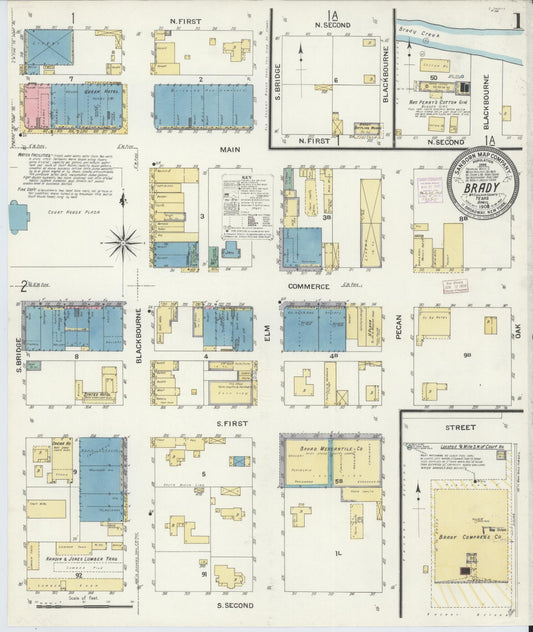 Sanborn Fire Insurance Map from Brady, McCulloch County, Texas (1908), Sheet #0001 - Historic Sanborn Fire Insurance Map Print, vintage old map wall art, antique decor, genealogy gift, Texas Texas map