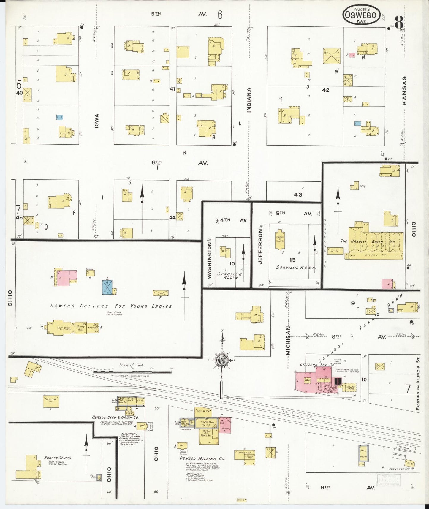 Sanborn Fire Insurance Map from Oswego, Labette County, Kansas (1918), Sheet #0008 - Complete Map Set gallery image, historic Sanborn map, vintage wall art, Kansas Kansas