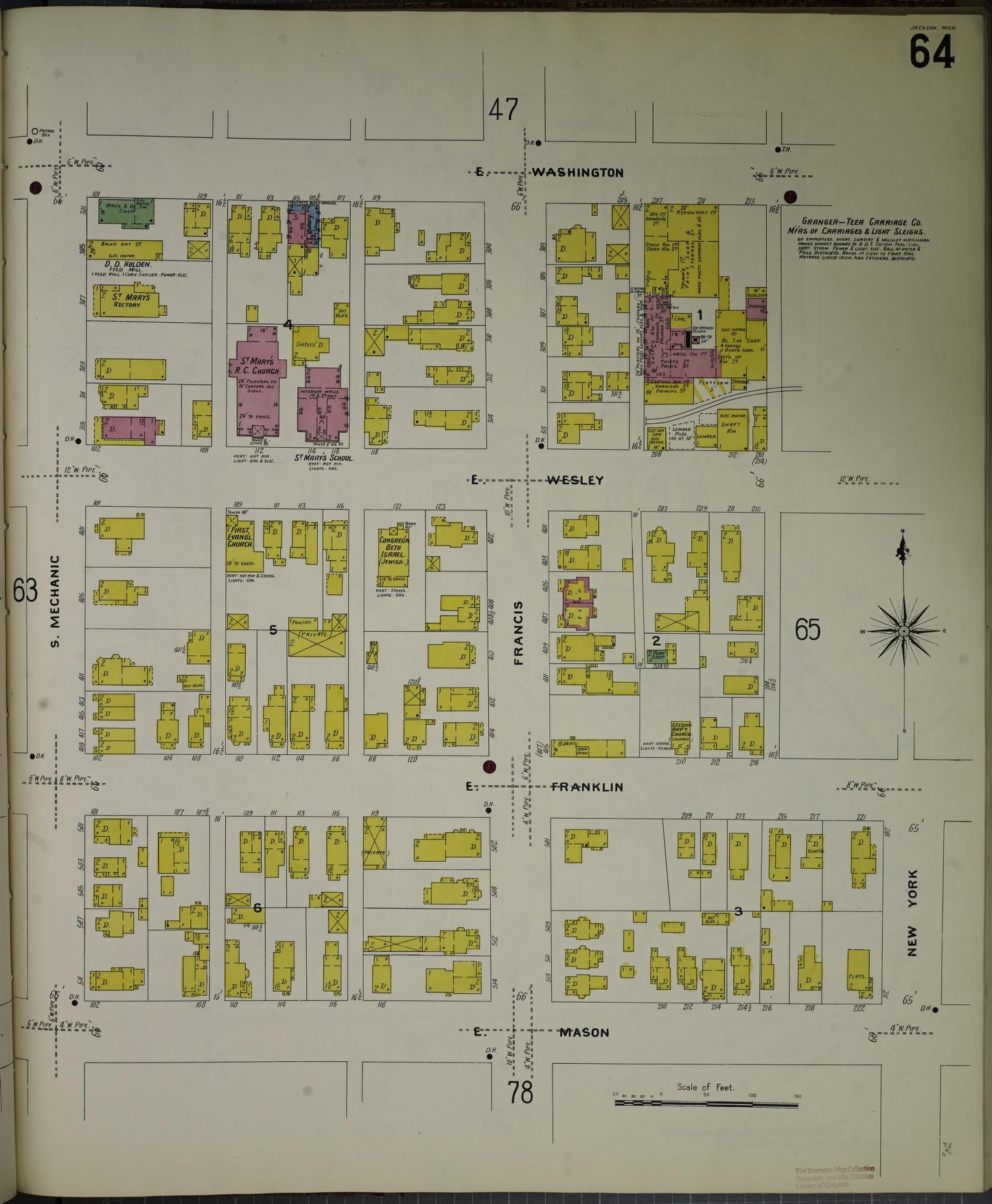 Sanborn Fire Insurance Map from Jackson, Jackson County, Michigan (1907), Sheet #0064 - Complete Map Set gallery image, historic Sanborn map, vintage wall art, Michigan Michigan
