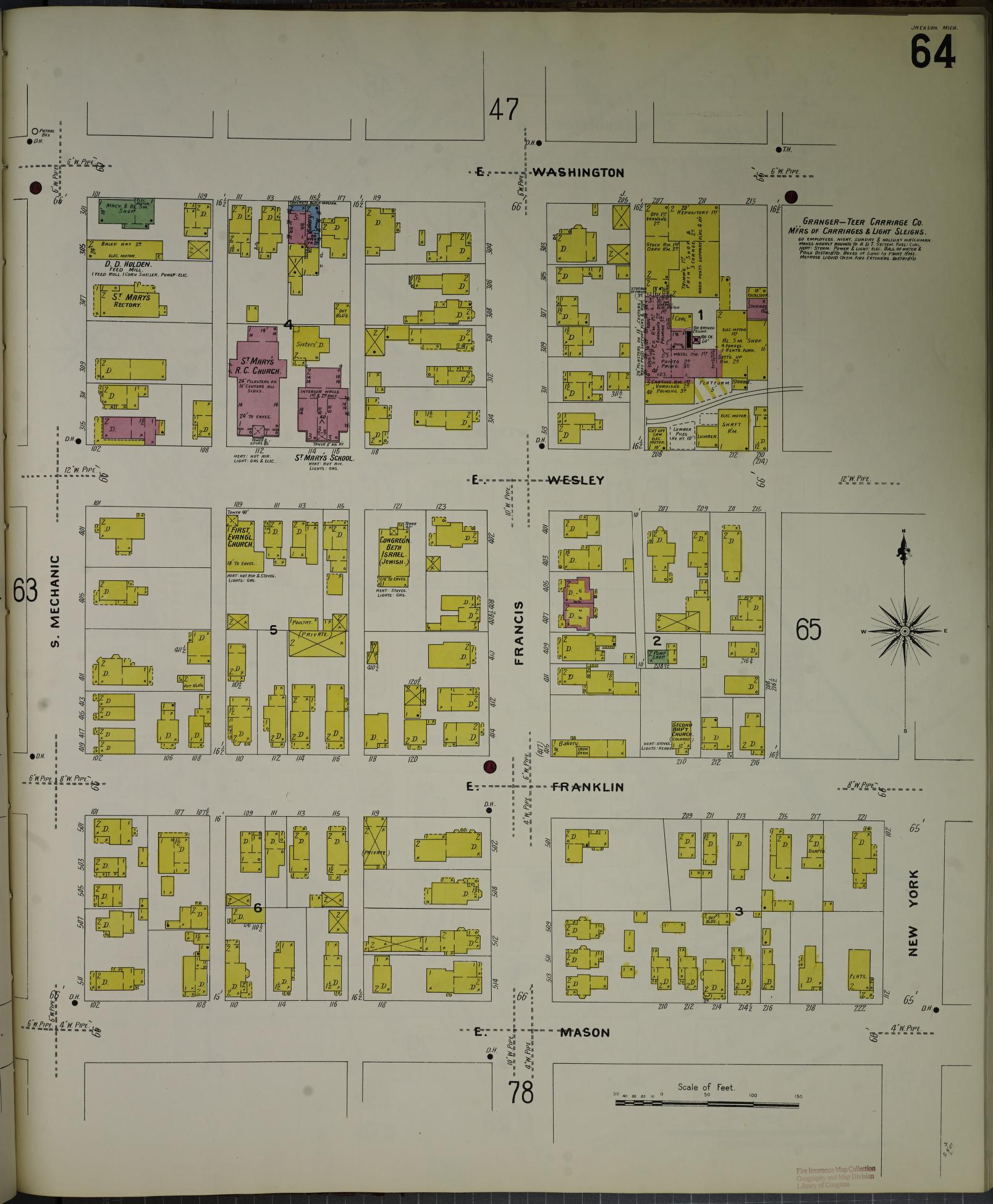 Sanborn Fire Insurance Map from Jackson, Jackson County, Michigan (1907), Sheet #0064 - Complete Map Set gallery image, historic Sanborn map, vintage wall art, Michigan Michigan