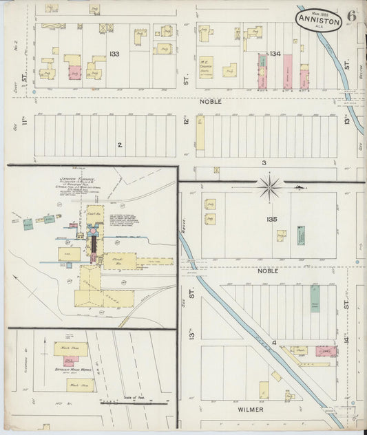 Sanborn Fire Insurance Map from Anniston, Calhoun County, Alabama (1888), Sheet #0006 - Historic Sanborn Fire Insurance Map Print, vintage old map wall art, antique decor, genealogy gift, Alabama Alabama map