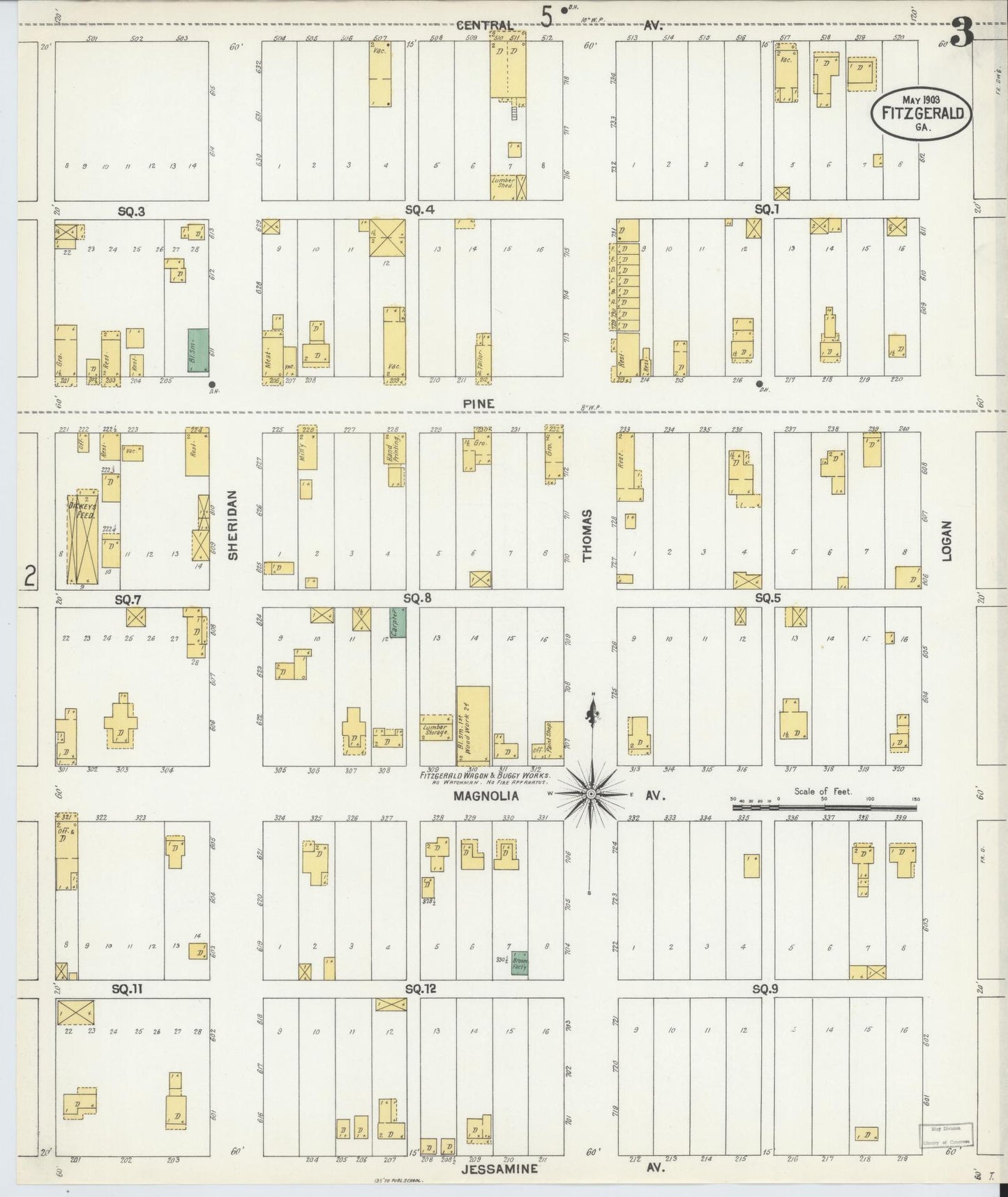 Sanborn Fire Insurance Map from Fitzgerald, Ben Hill County, Georgia (1903), Sheet #0003 - Historic Sanborn Fire Insurance Map Print, vintage old map wall art, antique decor, genealogy gift, Georgia Georgia map