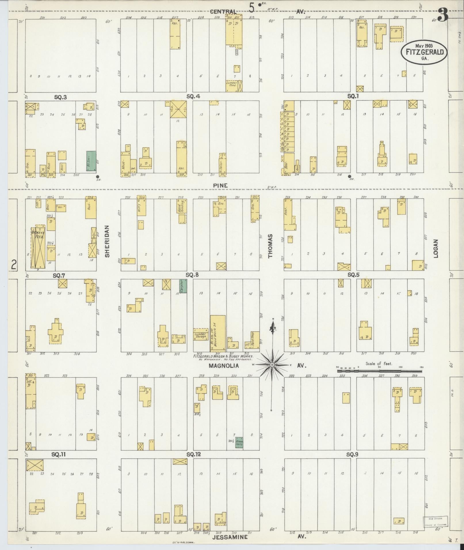 Sanborn Fire Insurance Map from Fitzgerald, Ben Hill County, Georgia (1903), Sheet #0003 - Historic Sanborn Fire Insurance Map Print, vintage old map wall art, antique decor, genealogy gift, Georgia Georgia map