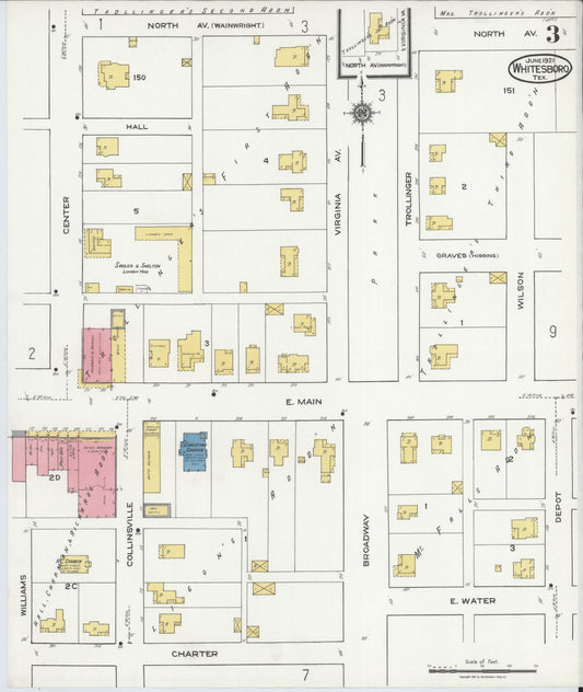 Sanborn Fire Insurance Map from Whitesboro, Grayson County, Texas (1921), Sheet #0003 - Historic Sanborn Fire Insurance Map Print, vintage old map wall art, antique decor, genealogy gift, Texas Texas map