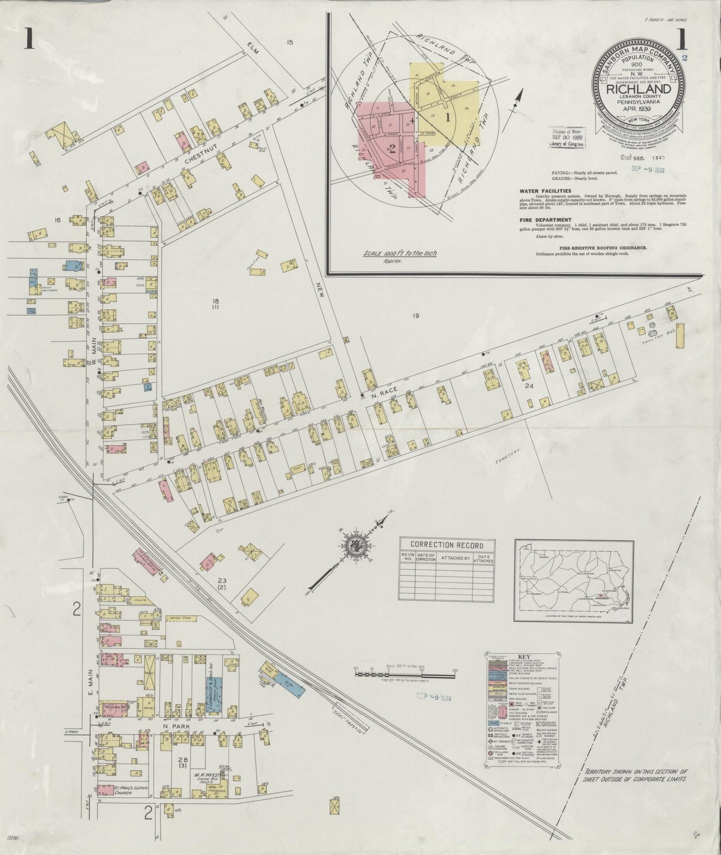 Sanborn Fire Insurance Map from Richland, Lebanon County, Pennsylvania (1939), Sheet #0001 - Complete Map Set gallery image, historic Sanborn map, vintage wall art, Pennsylvania Pennsylvania