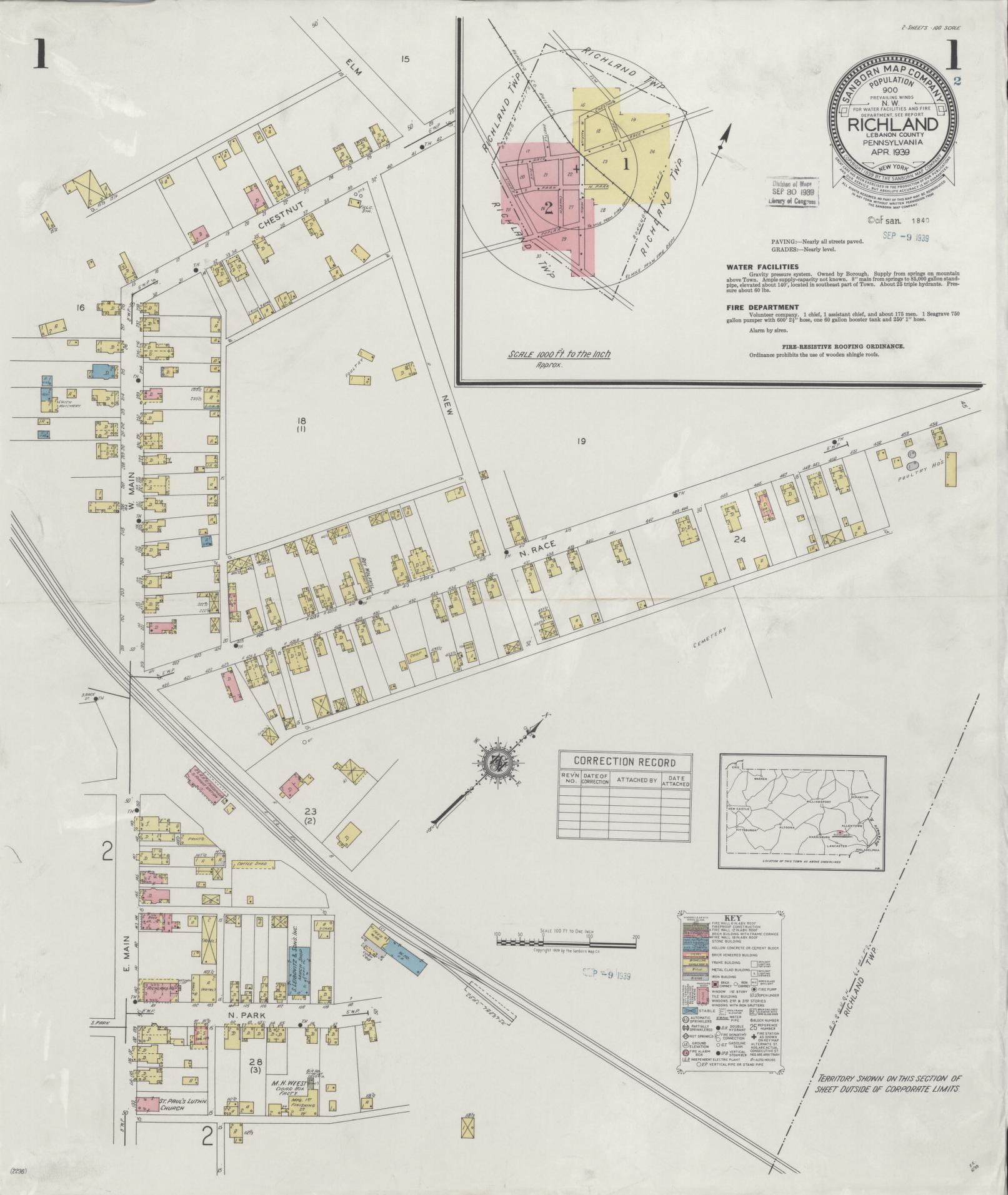 Sanborn Fire Insurance Map from Richland, Lebanon County, Pennsylvania (1939), Sheet #0001 - Complete Map Set gallery image, historic Sanborn map, vintage wall art, Pennsylvania Pennsylvania