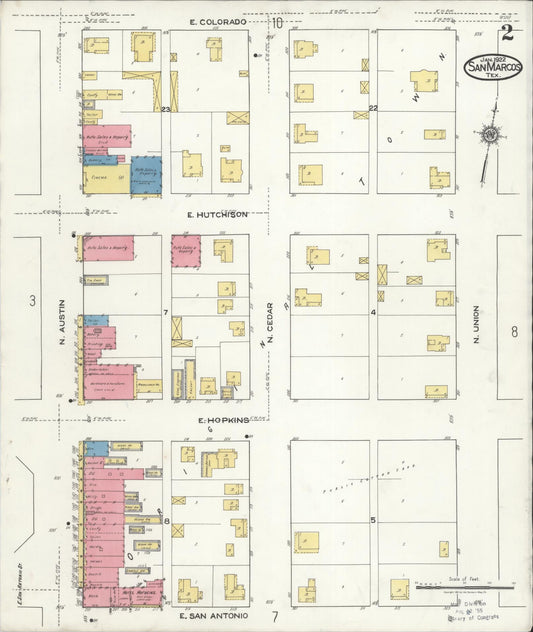 Sanborn Fire Insurance Map from San Marcos, Hays County, Texas (1922), Sheet #0002 - Historic Sanborn Fire Insurance Map Print, vintage old map wall art, antique decor, genealogy gift, Texas Texas map