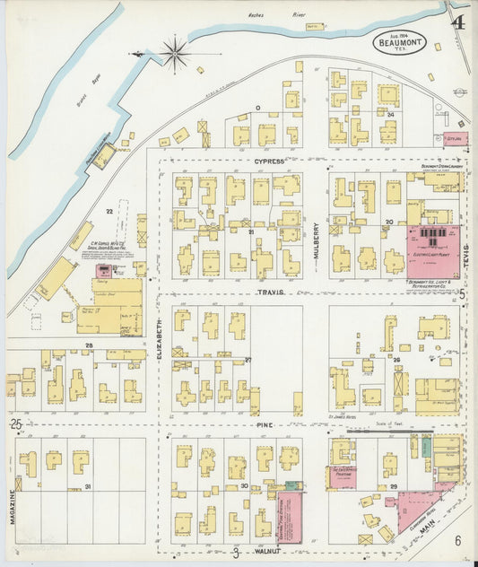 Sanborn Fire Insurance Map from Beaumont, Jefferson County, Texas (1904), Sheet #0004 - Historic Sanborn Fire Insurance Map Print, vintage old map wall art, antique decor, genealogy gift, Texas Texas map
