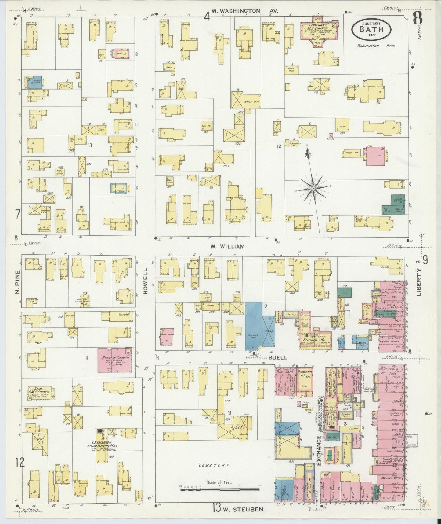 Sanborn Fire Insurance Map from Bath, Steuben County, New York (1909), Sheet #0008 - Complete Map Set gallery image, historic Sanborn map, vintage wall art, New York New York