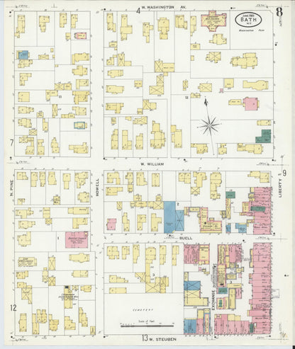 Sanborn Fire Insurance Map from Bath, Steuben County, New York (1909), Sheet #0008 - Complete Map Set gallery image, historic Sanborn map, vintage wall art, New York New York
