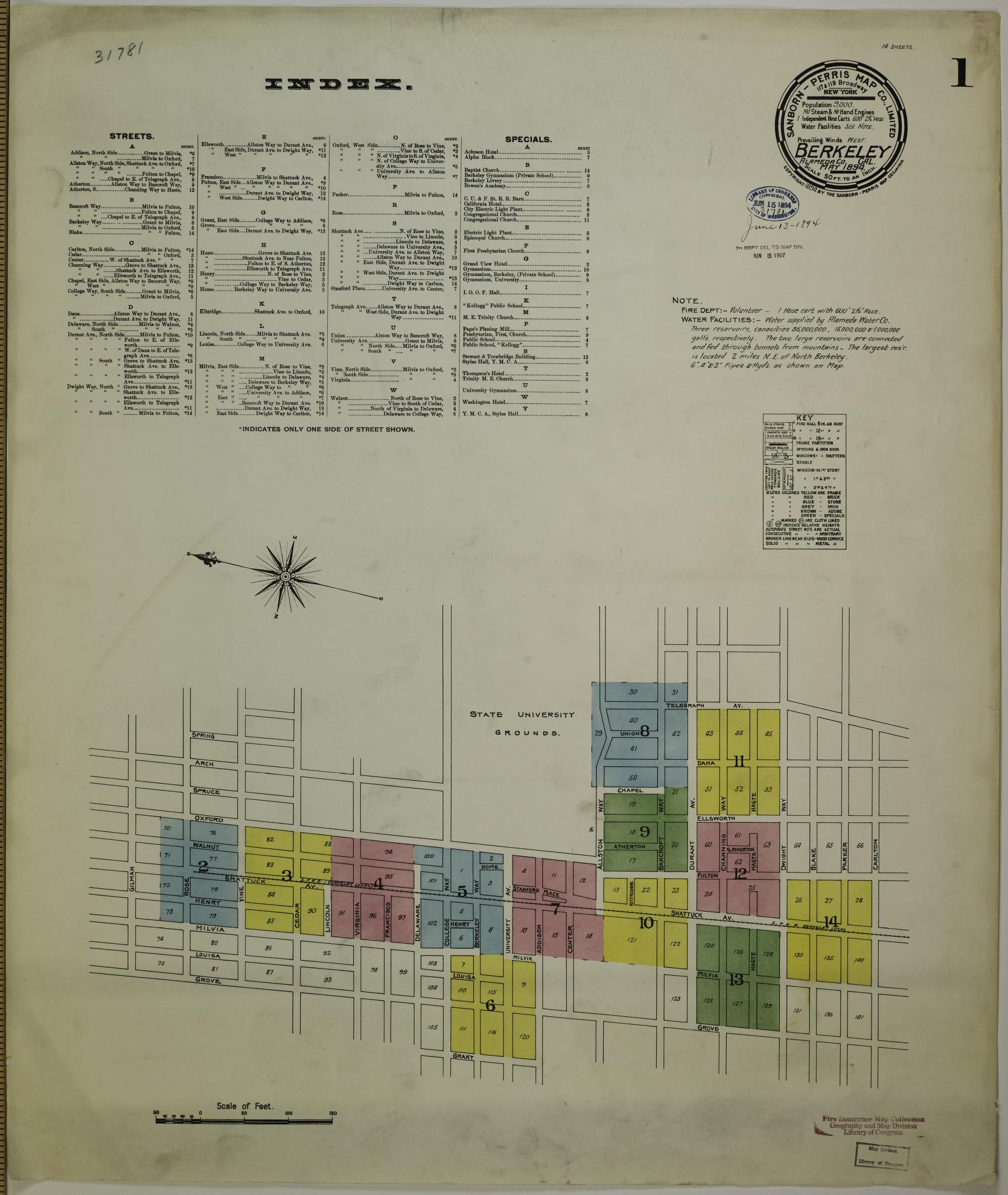 Sanborn Fire Insurance Map from Berkeley, Alameda County, California (1894), Sheet #0001 - Historic Sanborn Fire Insurance Map Print, vintage old map wall art, antique decor, genealogy gift, California California map