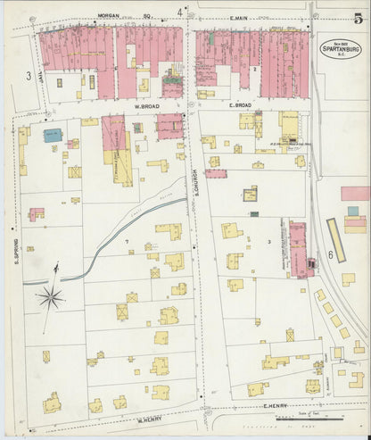 Sanborn Fire Insurance Map from Spartanburg, Spartanburg County, South Carolina (1902), Sheet #0005 - Complete Map Set gallery image, historic Sanborn map, vintage wall art, South Carolina South Carolina