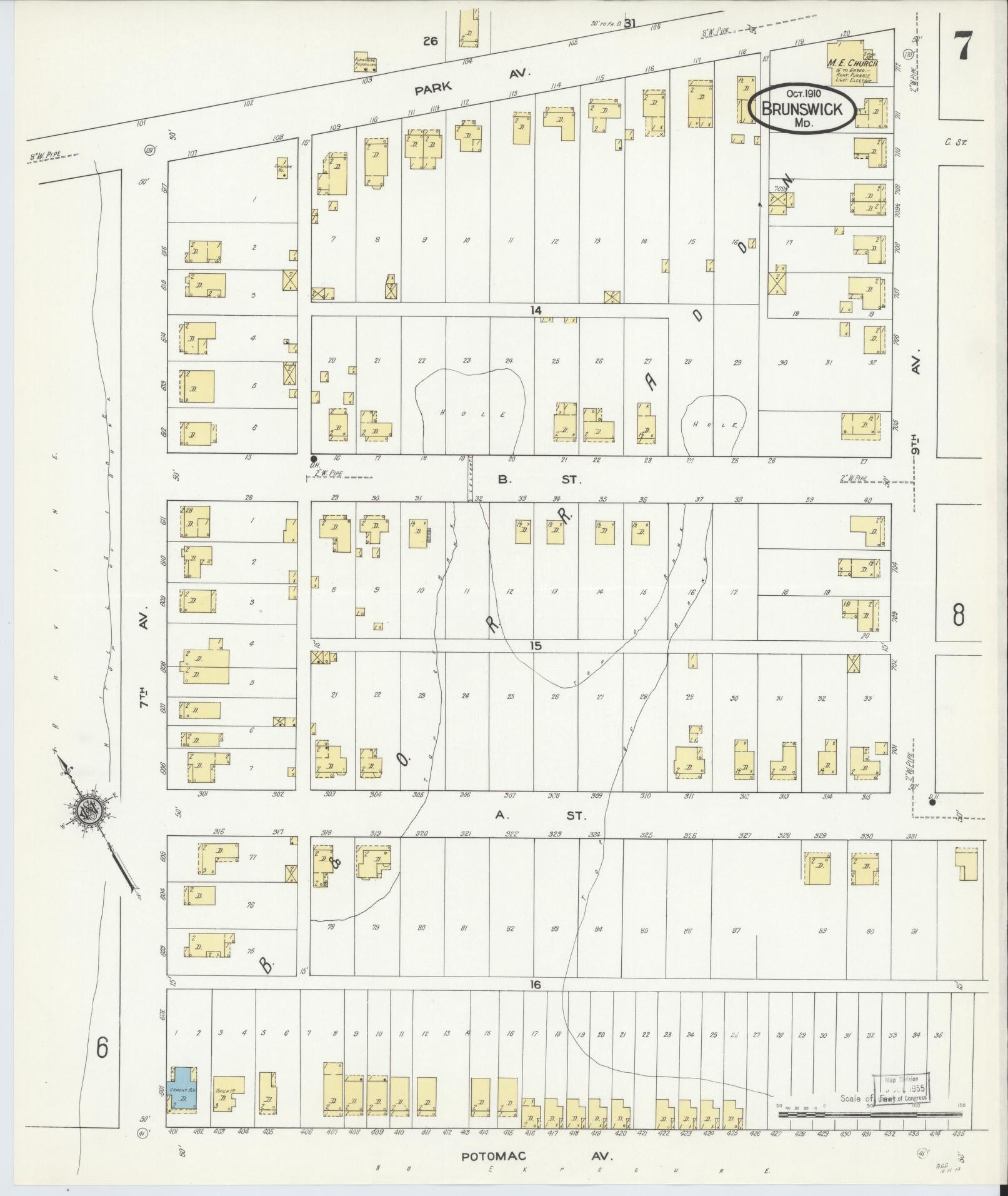 Frederick, Maryland - 1910 - Sanborn Fire Insurance Map, Sheet #0007 - Historic Sanborn Fire Insurance Map Print, Frederick Maryland 1910 0007 vintage old map wall art