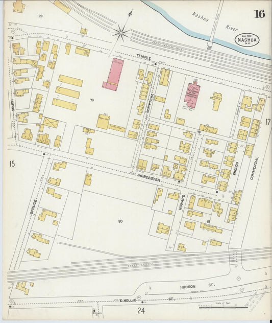 Sanborn Fire Insurance Map from Nashua, Hillsborough County, New Hampshire (1902), Sheet #0016 - Historic Sanborn Fire Insurance Map Print, vintage old map wall art, antique decor, genealogy gift, New Hampshire New Hampshire map