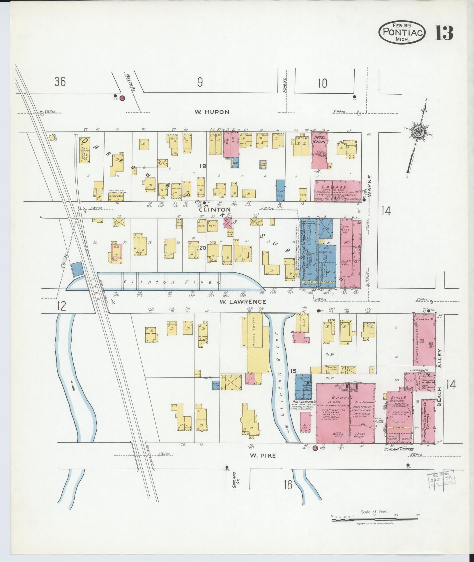 Sanborn Fire Insurance Map from Pontiac, Oakland County, Michigan (1919), Sheet #0013 - Historic Sanborn Fire Insurance Map Print, vintage old map wall art, antique decor, genealogy gift, Michigan Michigan map