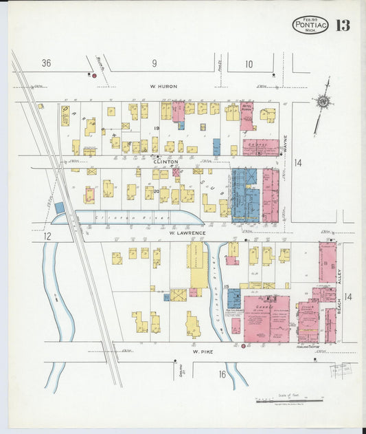 Sanborn Fire Insurance Map from Pontiac, Oakland County, Michigan (1919), Sheet #0013 - Historic Sanborn Fire Insurance Map Print, vintage old map wall art, antique decor, genealogy gift, Michigan Michigan map