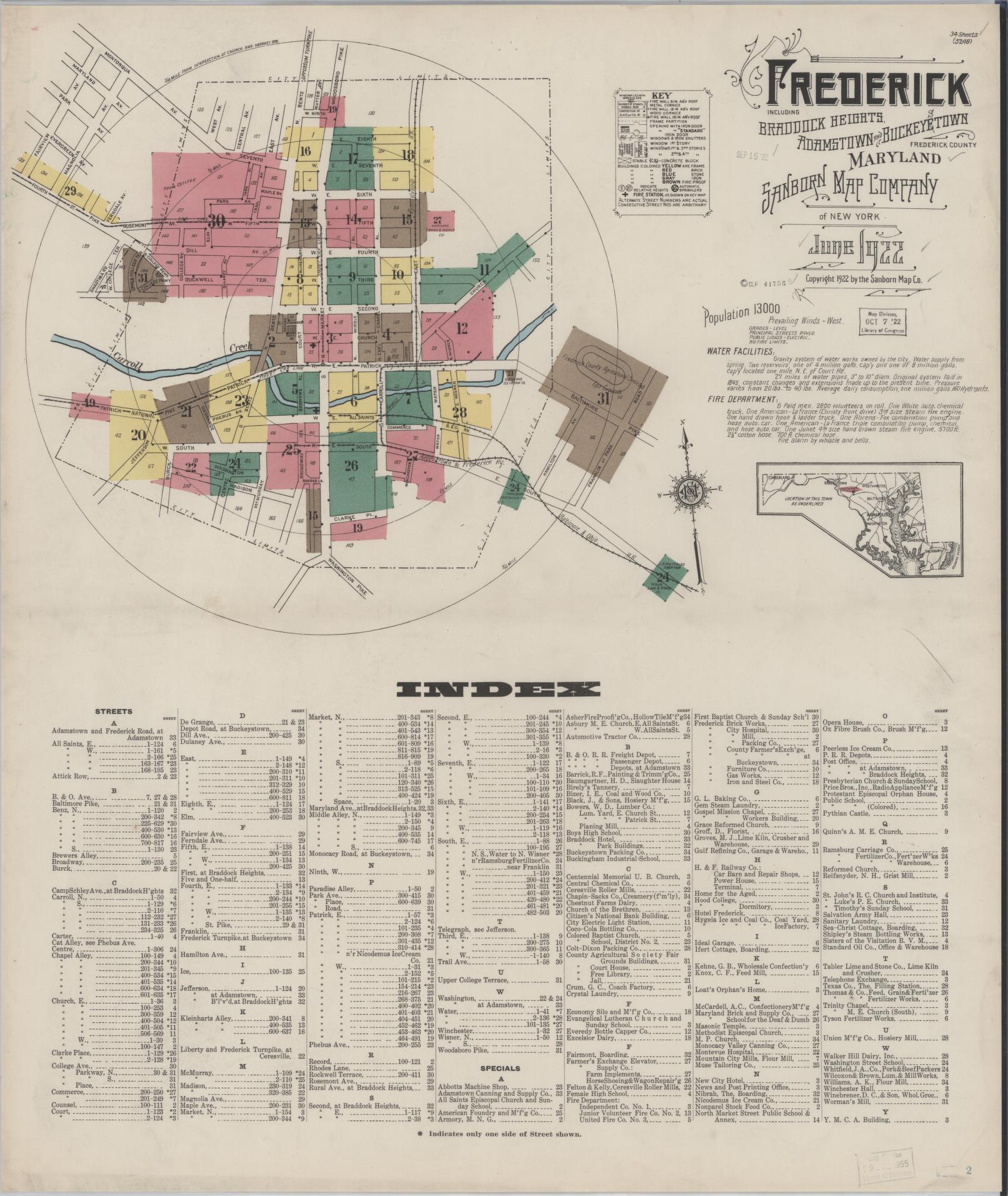 Sanborn Fire Insurance Map from Frederick, Frederick County, Maryland (1922), Sheet #0001 - Complete Map Set gallery image, historic Sanborn map, vintage wall art, Maryland Maryland